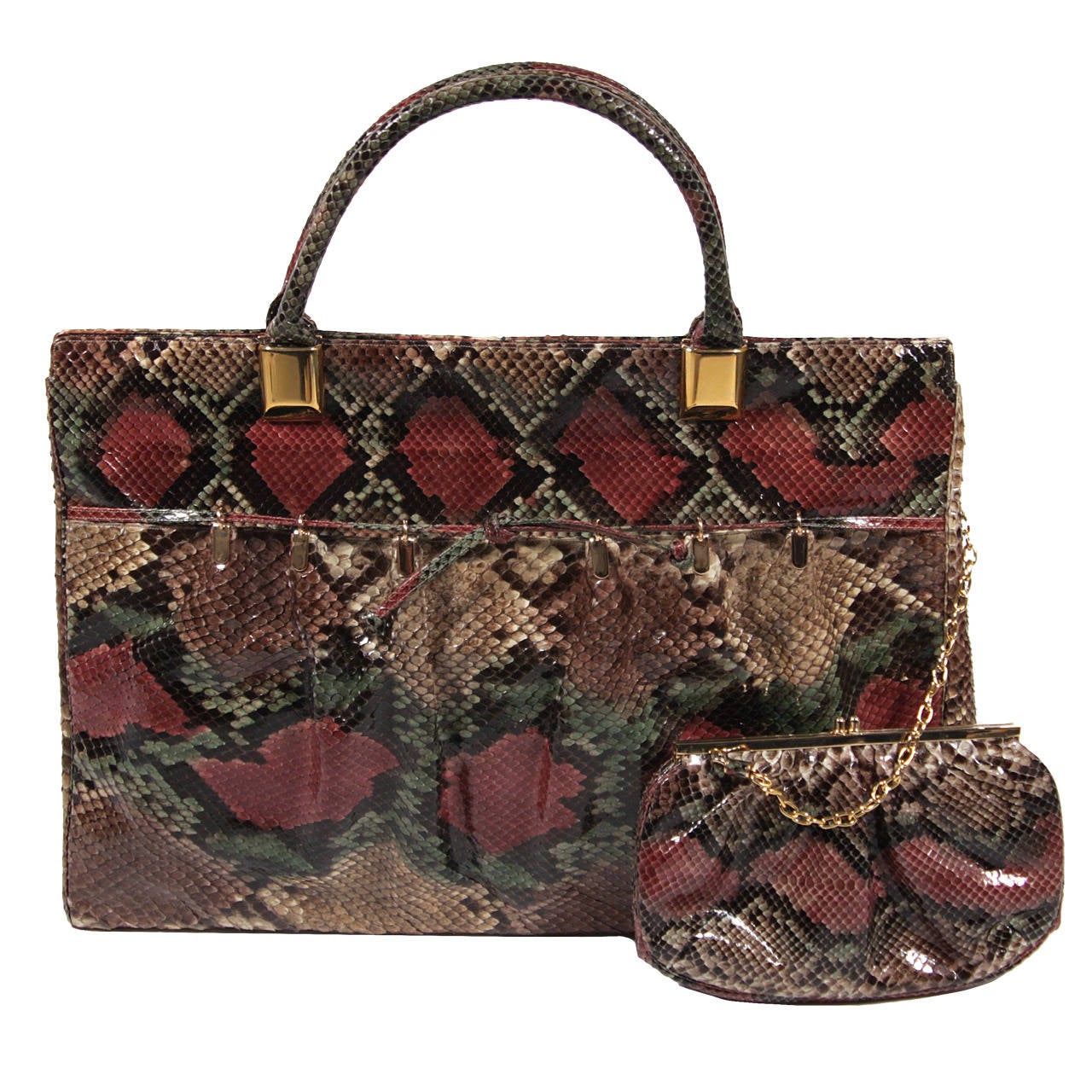 Judith Leiber Multi-Colored Pink, Green, Nude XL Snake Skin Tote w mini bag