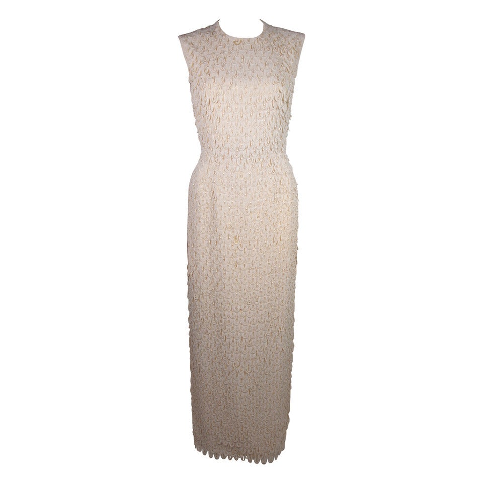 1960's Heavily Beaded Off White Cream Gown For Sale