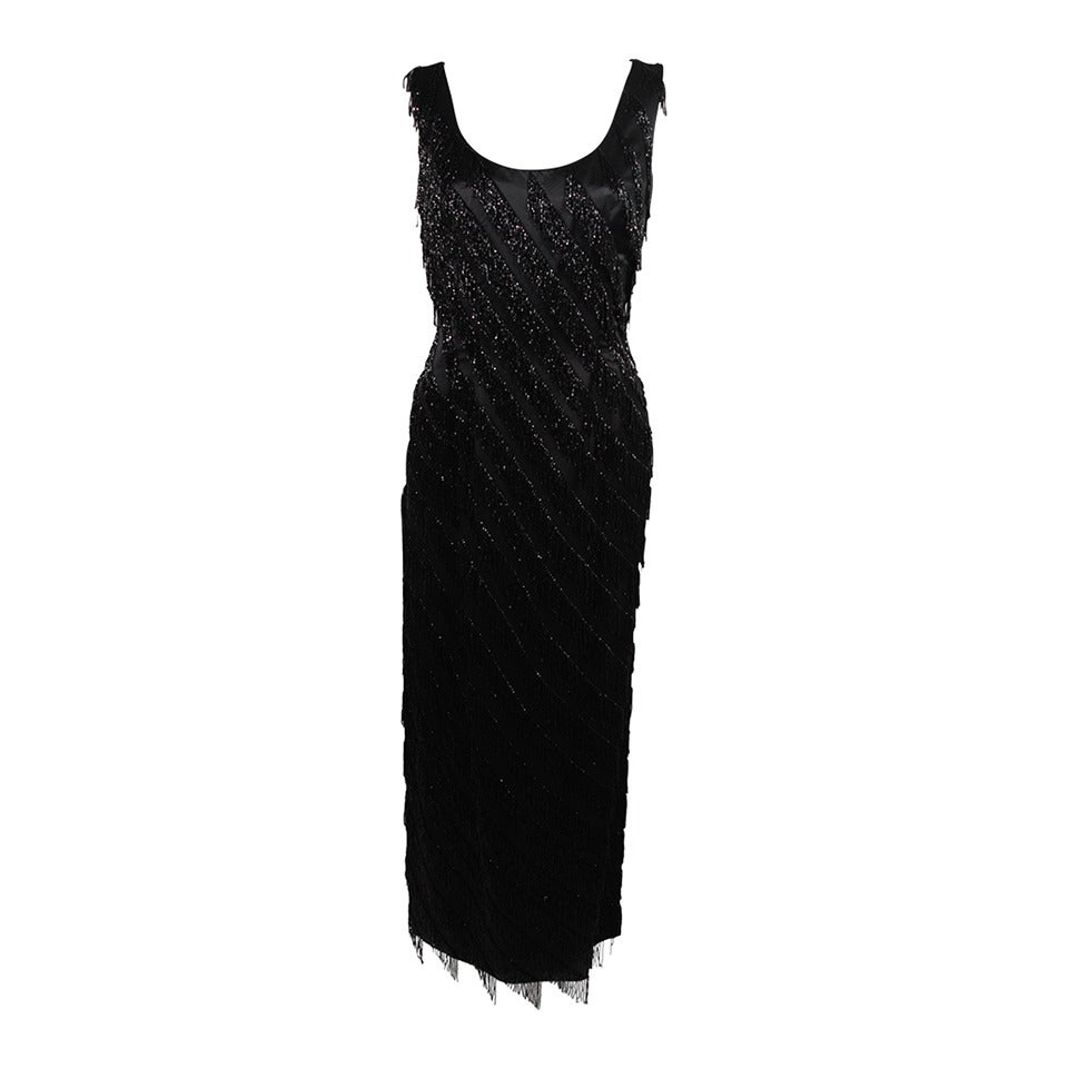 Pauline Sheh Black Silk Beaded Gown Size 10 For Sale