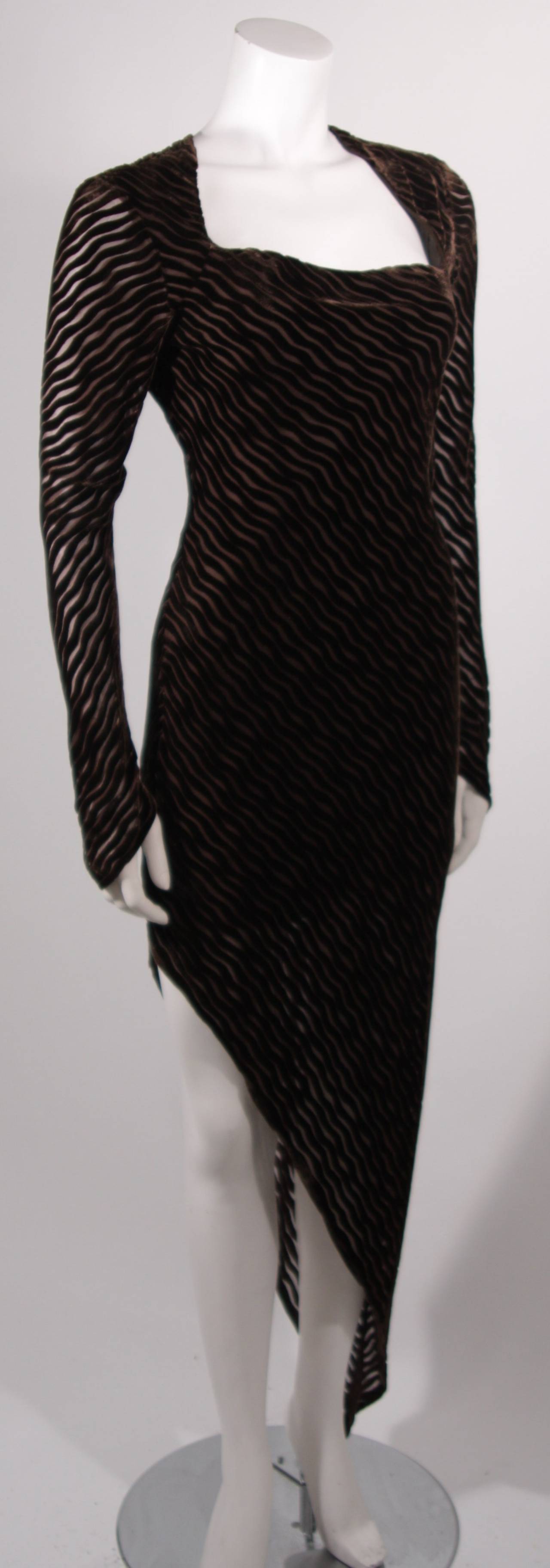 Black Karl Lagerfield Asymmetrical Brown Velvet Burn Out Gown Size 38