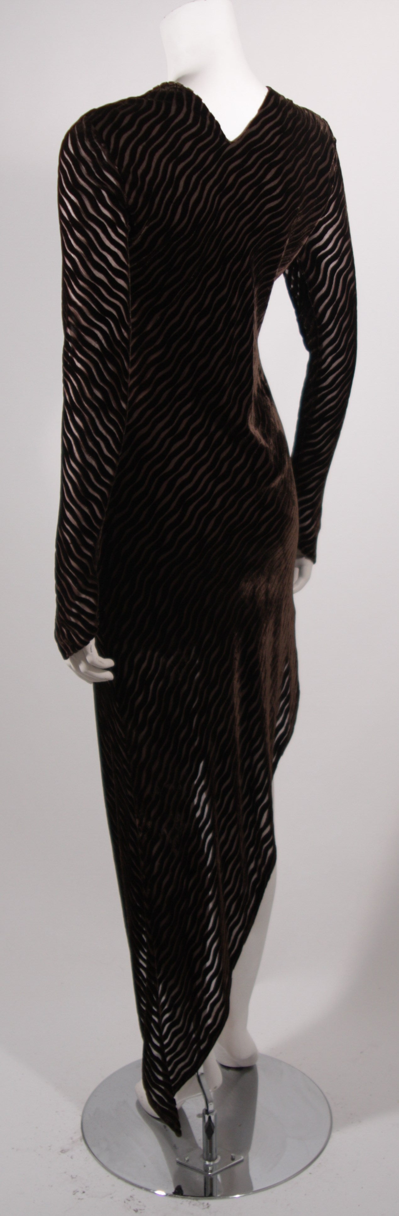 Karl Lagerfield Asymmetrical Brown Velvet Burn Out Gown Size 38 3