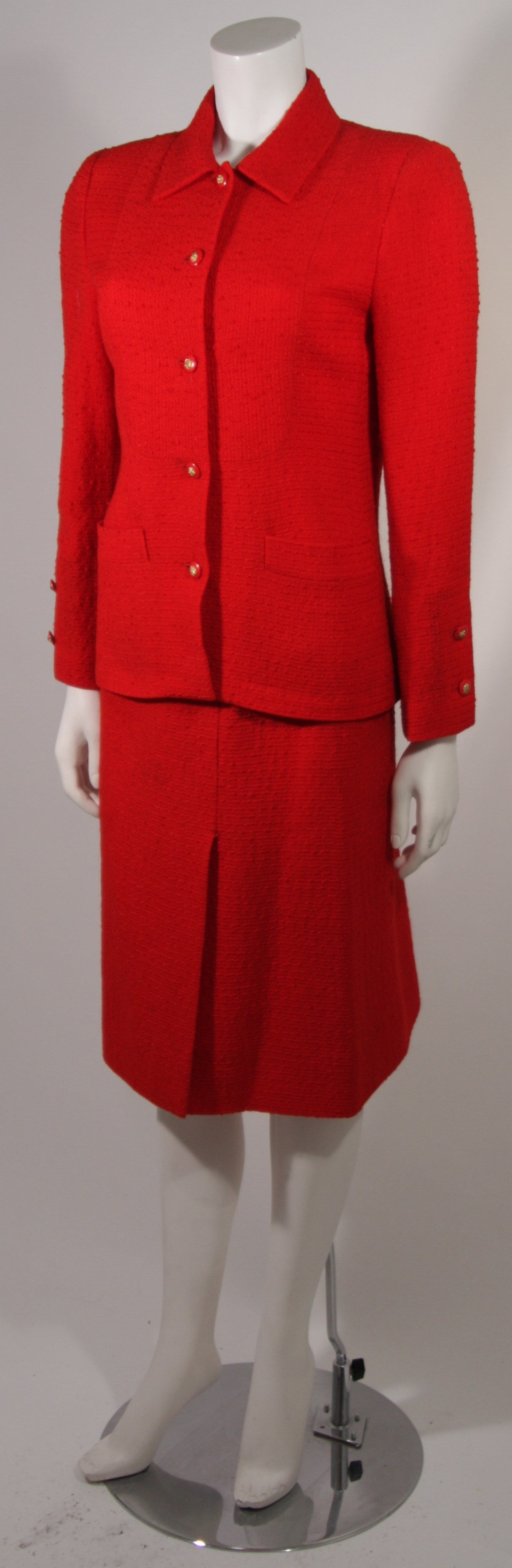 Chanel Red Wool Silk Boucle Skirt Suit Size 36 In Excellent Condition In Los Angeles, CA