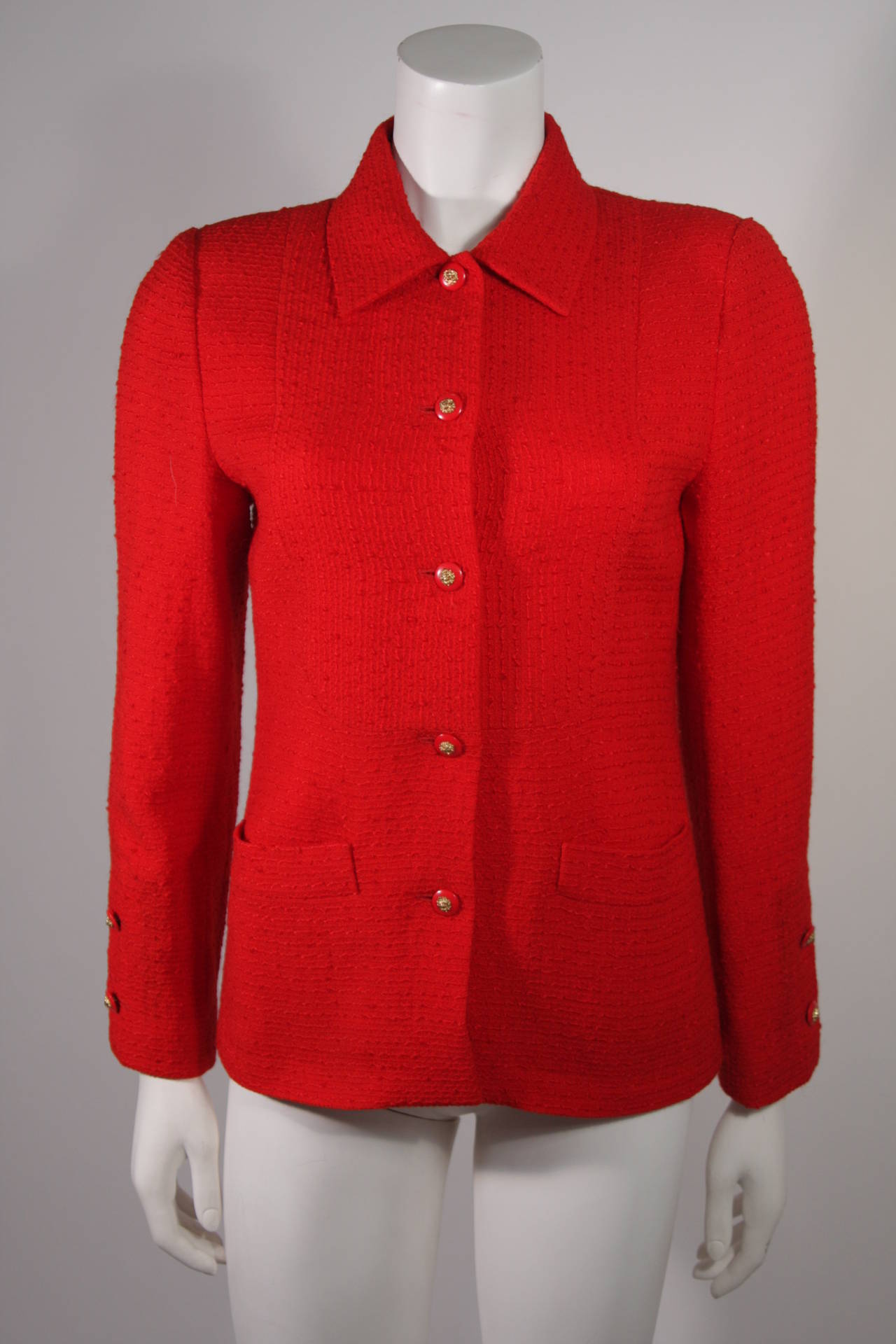 Chanel Red Wool Silk Boucle Skirt Suit Size 36 3