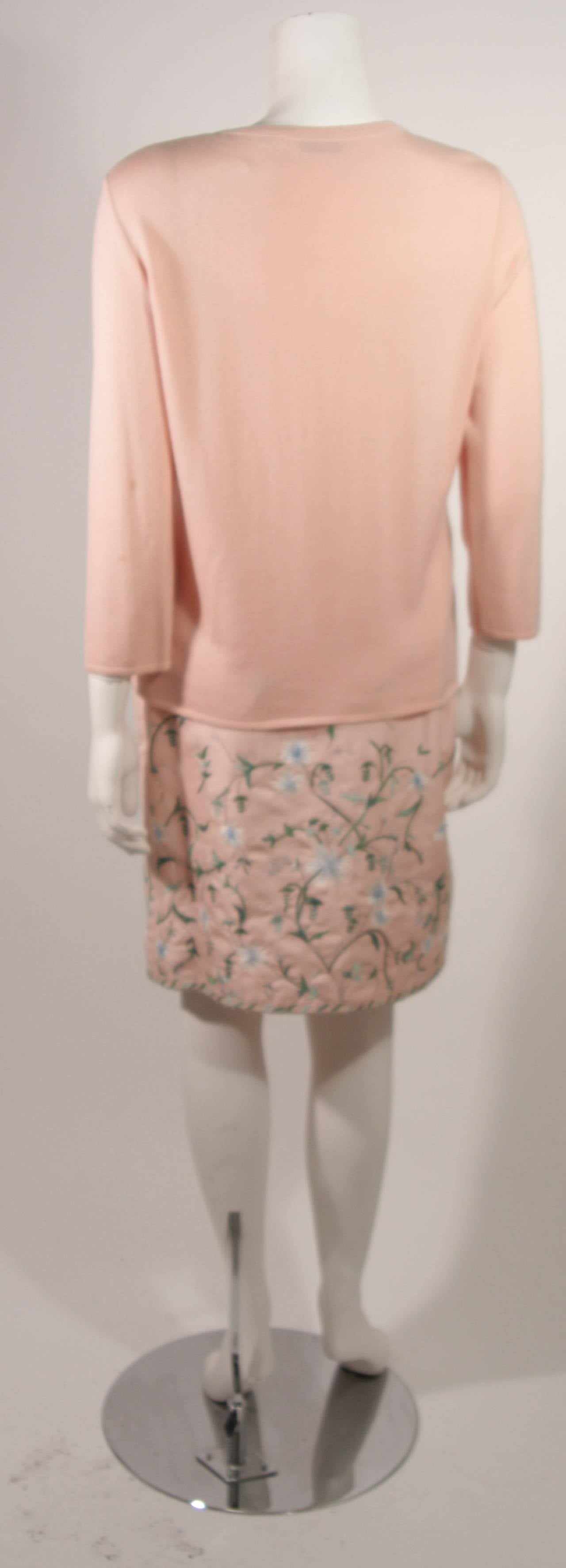 Beige Oscar De La Renta Pink Floral Embroidered Skirt and Cardigan Set Size Large For Sale