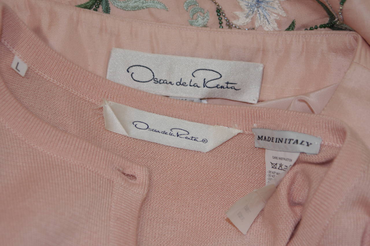 Oscar De La Renta Pink Floral Embroidered Skirt and Cardigan Set Size Large For Sale 2