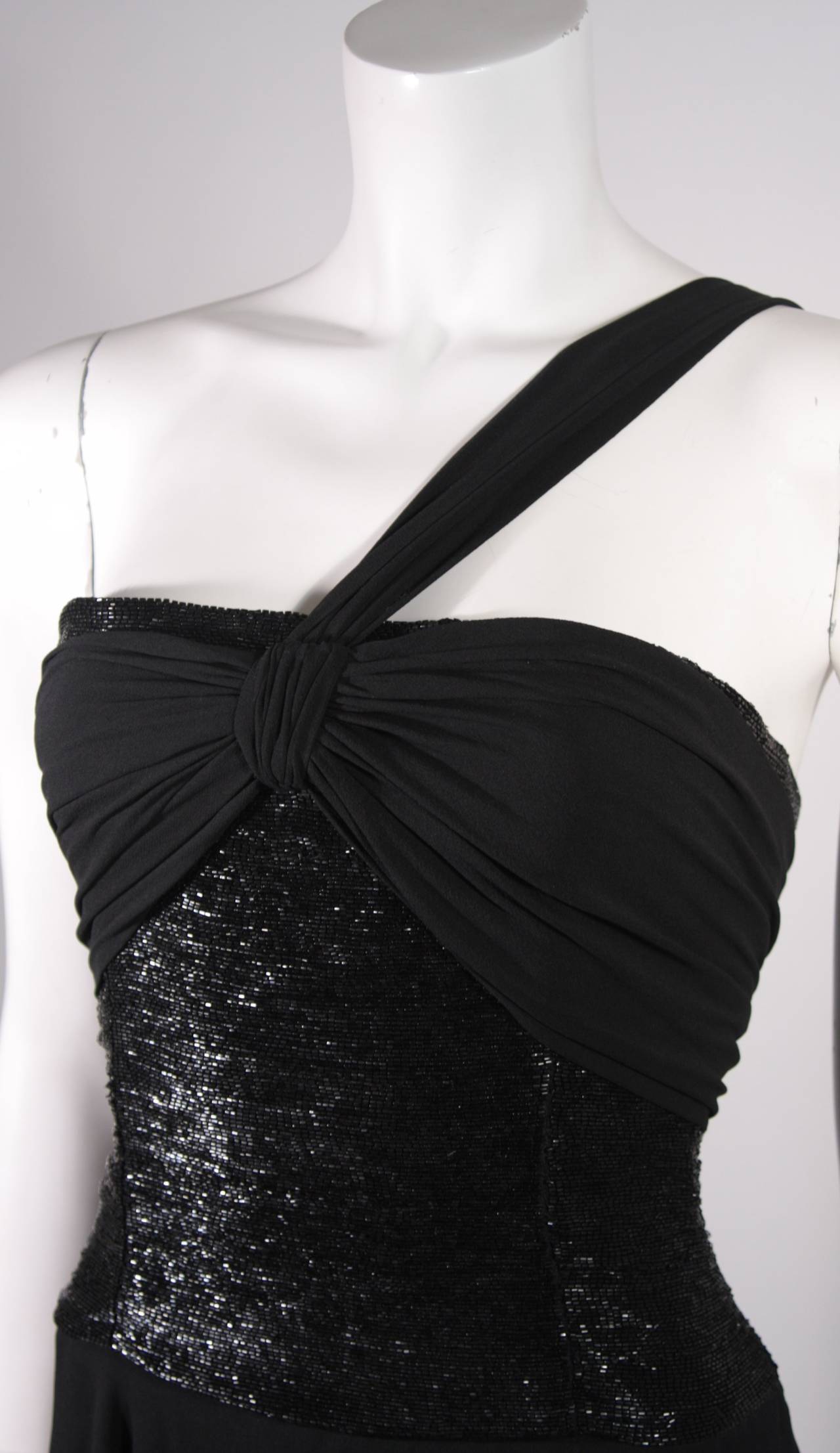 Chloe Asymmetrical Black Chiffon Gown with Beaded Bodice In Excellent Condition In Los Angeles, CA
