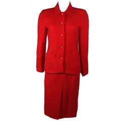 Chanel Red Wool Silk Boucle Skirt Suit Size 36