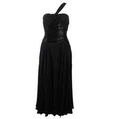Vintage Chloe Asymmetrical Black Chiffon Gown with Beaded Bodice
