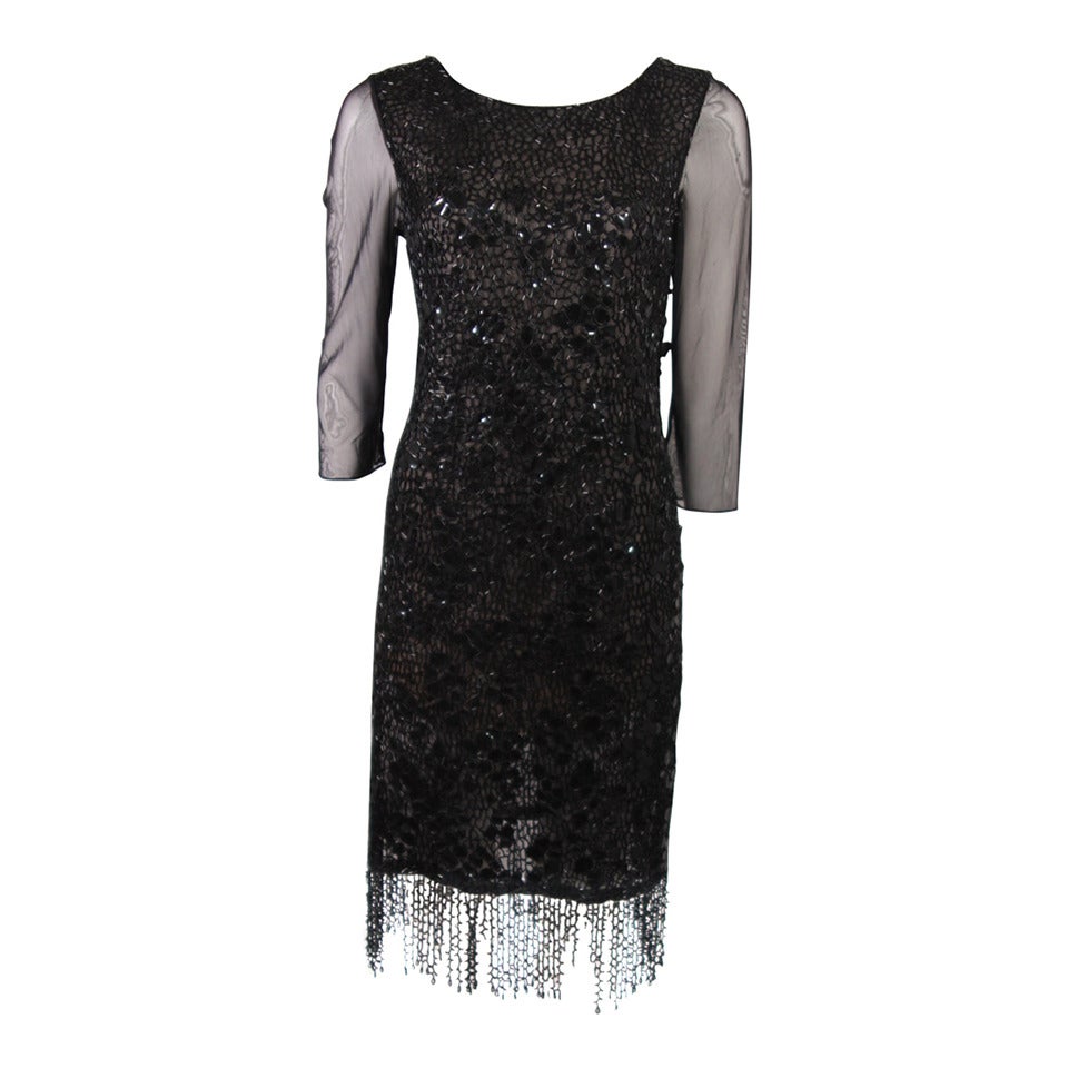 Oscar De La Renta Black Sequin Cocktail Dress Size 12 For Sale