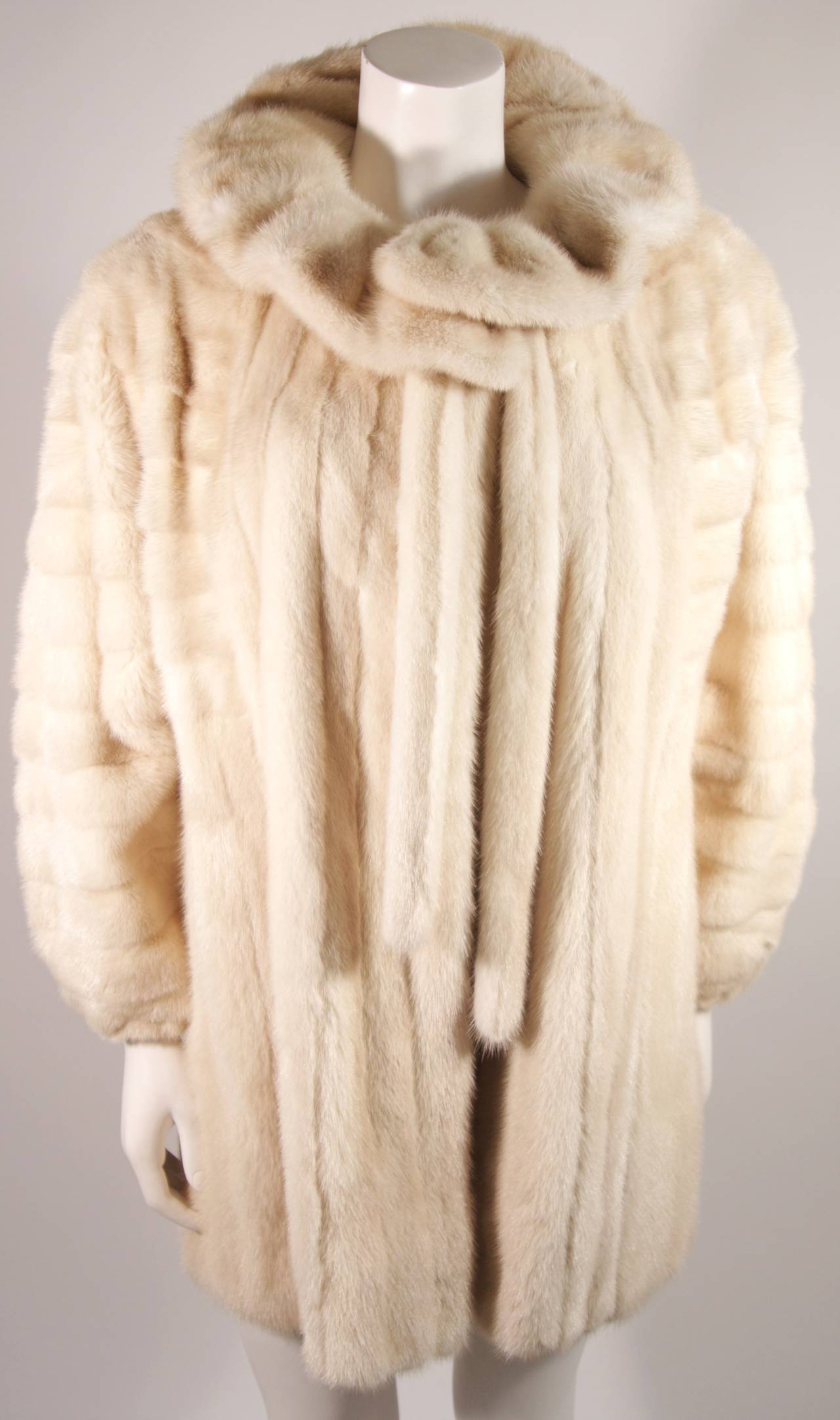 Beige Galanos Ivory Mink Coat with Ruffle Tie Collar and Full Sleeves & Stretch cuff For Sale