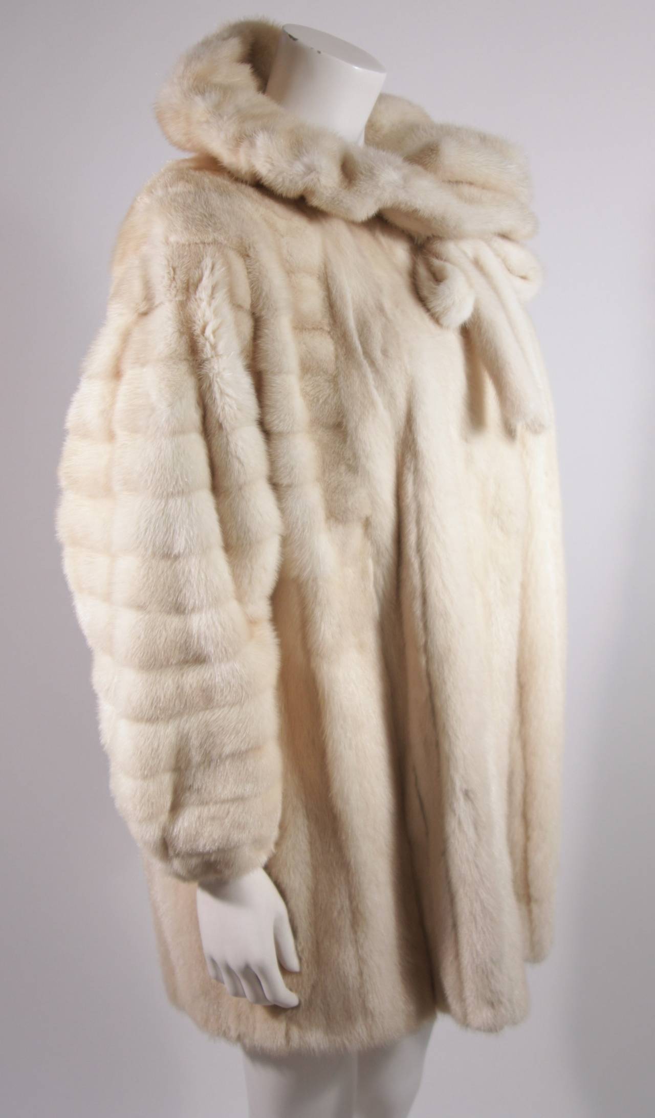 Women's Galanos Ivory Mink Coat with Ruffle Tie Collar and Full Sleeves & Stretch cuff For Sale