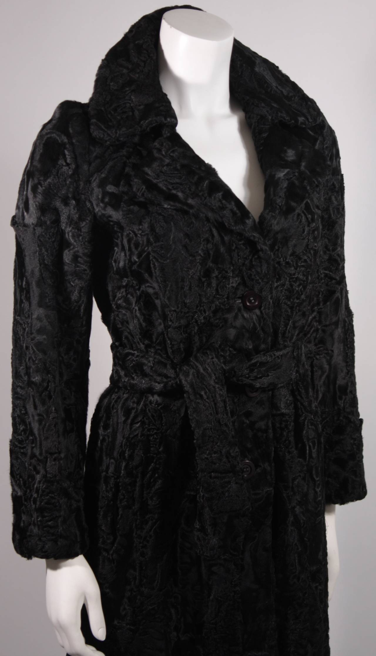 Donald Brooks Black Russian Broadtail Coat with Belt In Excellent Condition For Sale In Los Angeles, CA