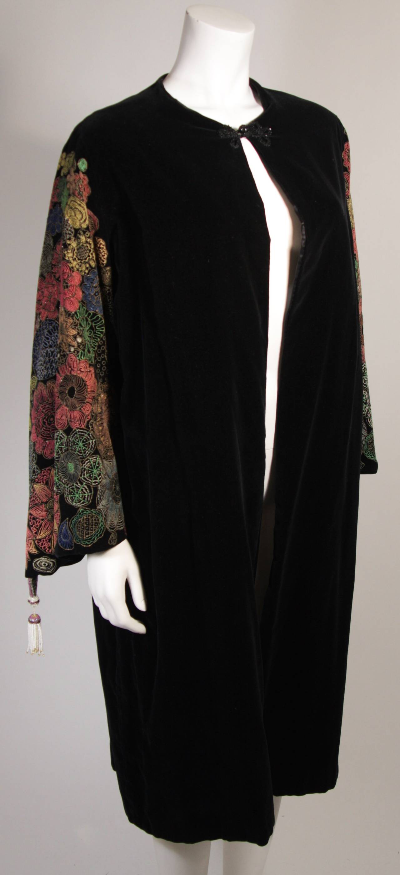 1930's Black Velvet Hand Painted Coat with Tassels In Excellent Condition In Los Angeles, CA