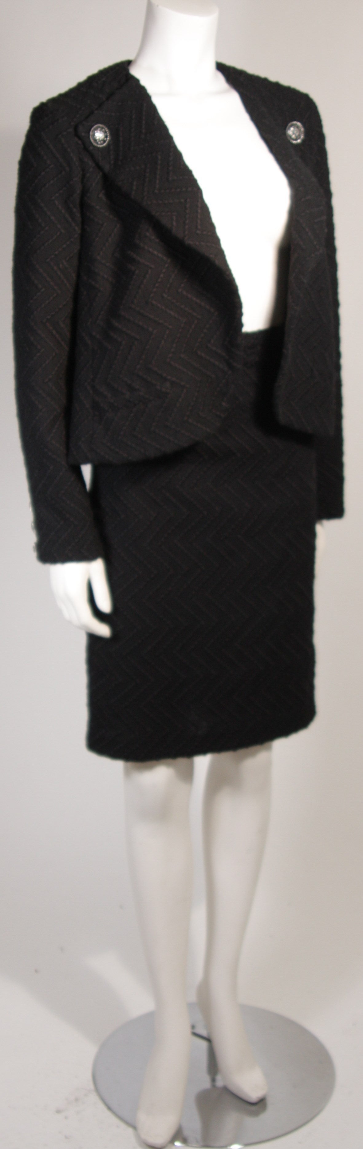 Chanel Black Boucle Suit with Drape Style Jacket Size 42 In Excellent Condition In Los Angeles, CA