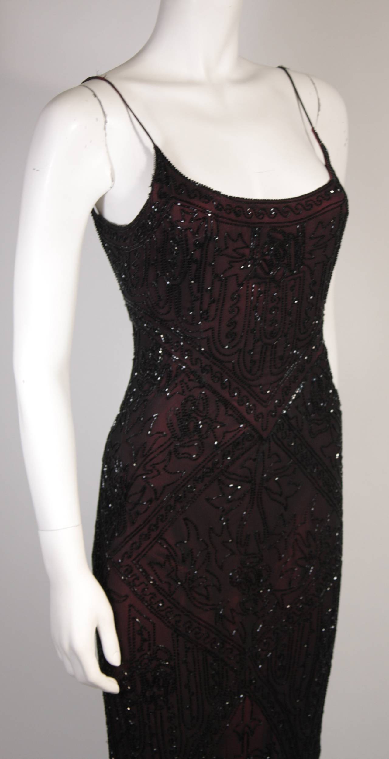 Women's Les Habitudes Deco Inspired Burgundy Beaded Gown Size M