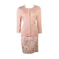Oscar De La Renta Pink Floral Embroidered Skirt and Cardigan Set Size Large 1
