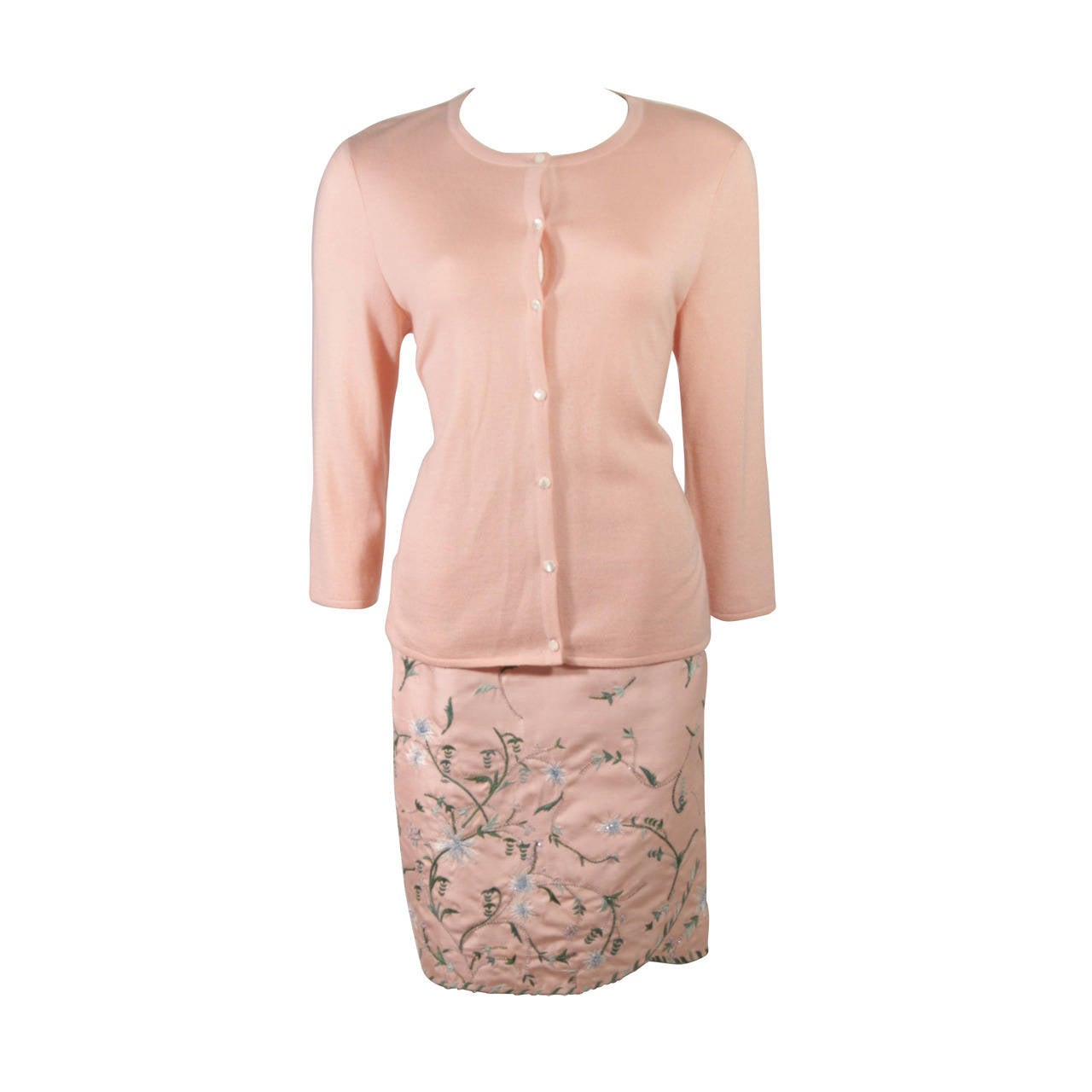 Oscar De La Renta Pink Floral Embroidered Skirt and Cardigan Set Size Large For Sale