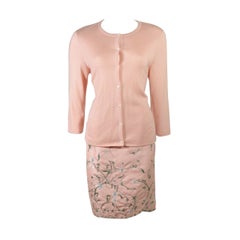 Vintage Oscar De La Renta Pink Floral Embroidered Skirt and Cardigan Set Size Large