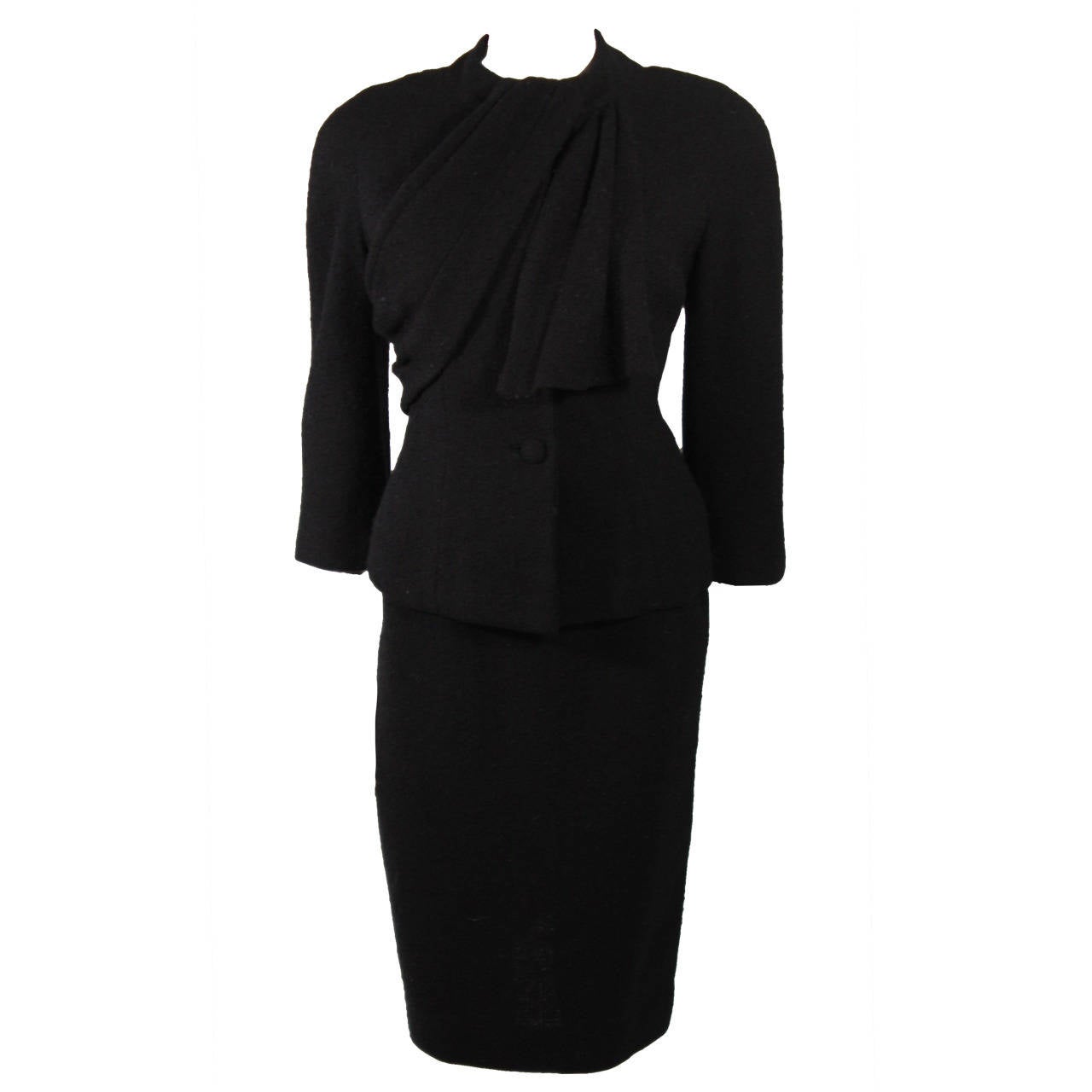 Lilli Ann San Francisco Black Wool Skirt Suit with Draping For Sale