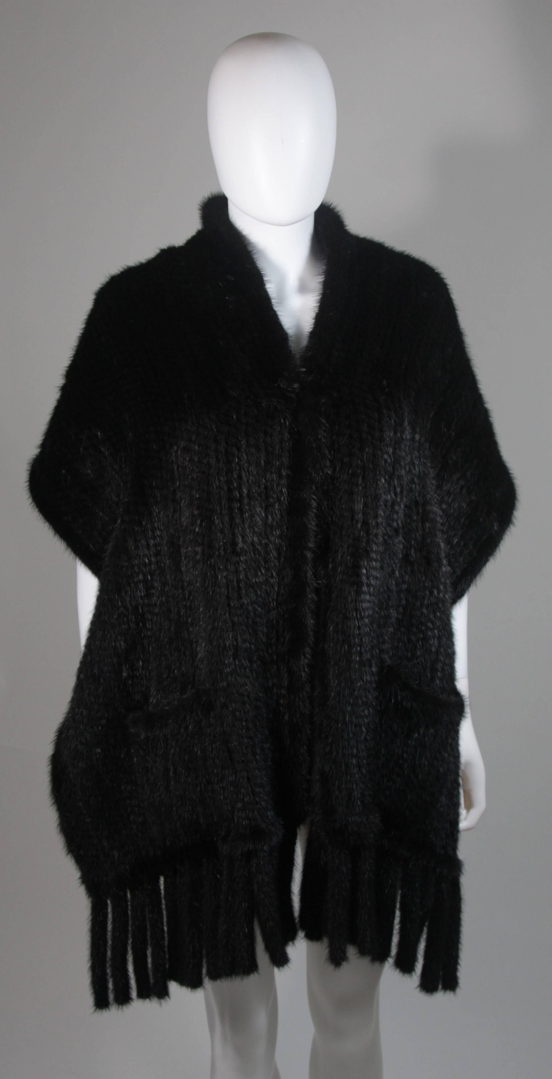 Black Dark Brown Ranch Mink Stole with Fringe and Pockets For Sale