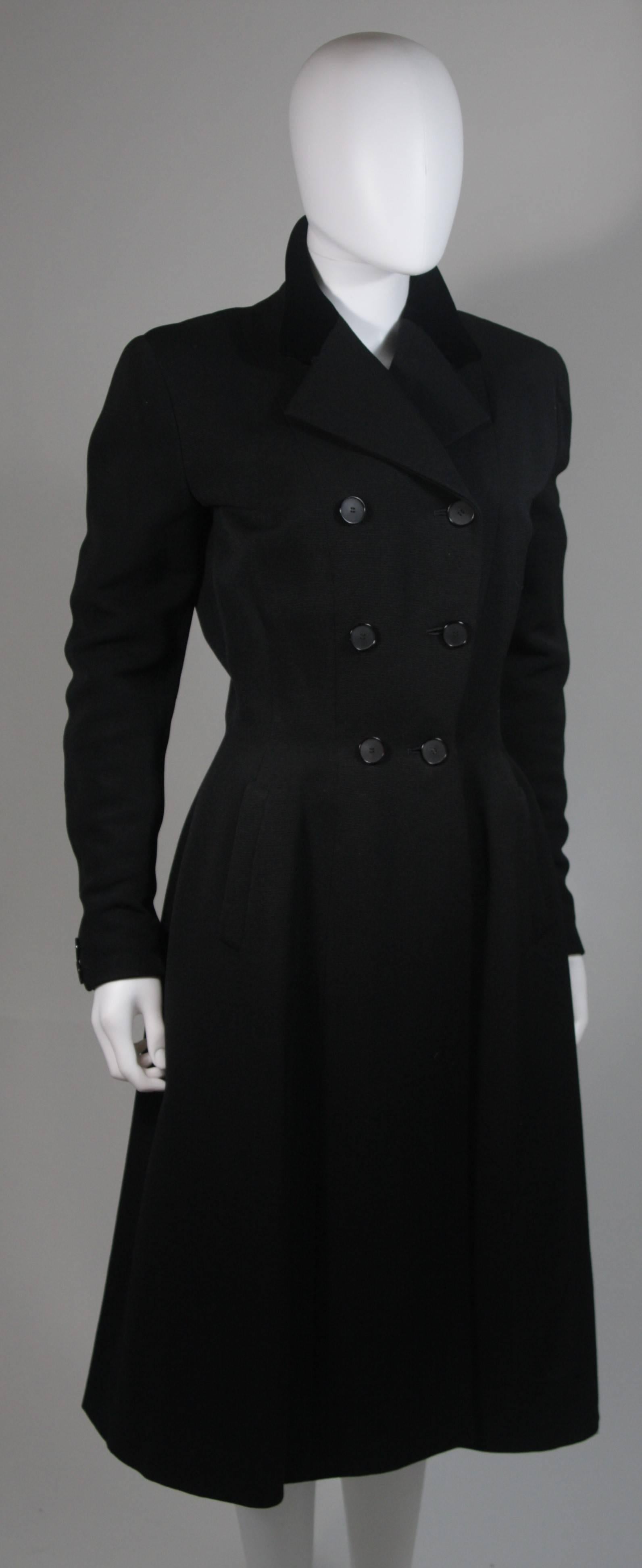 Hardy Amies 'New Look' or 'Wasp Waist' Black Wool Coat with Velvet Trim, Small In Excellent Condition For Sale In Los Angeles, CA