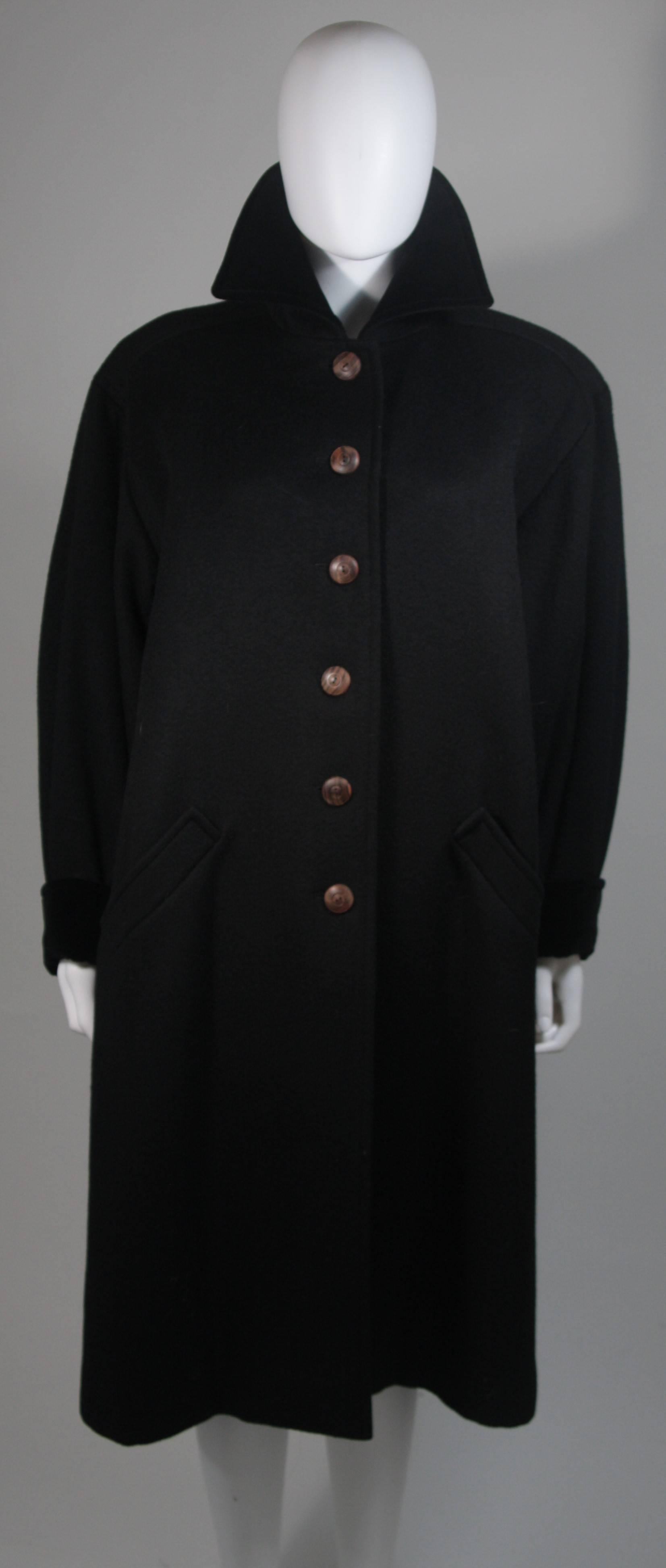 Black Yves Saint Laurent Rive Gauche Coat with Velvet Trim & Wood Buttons Size 44