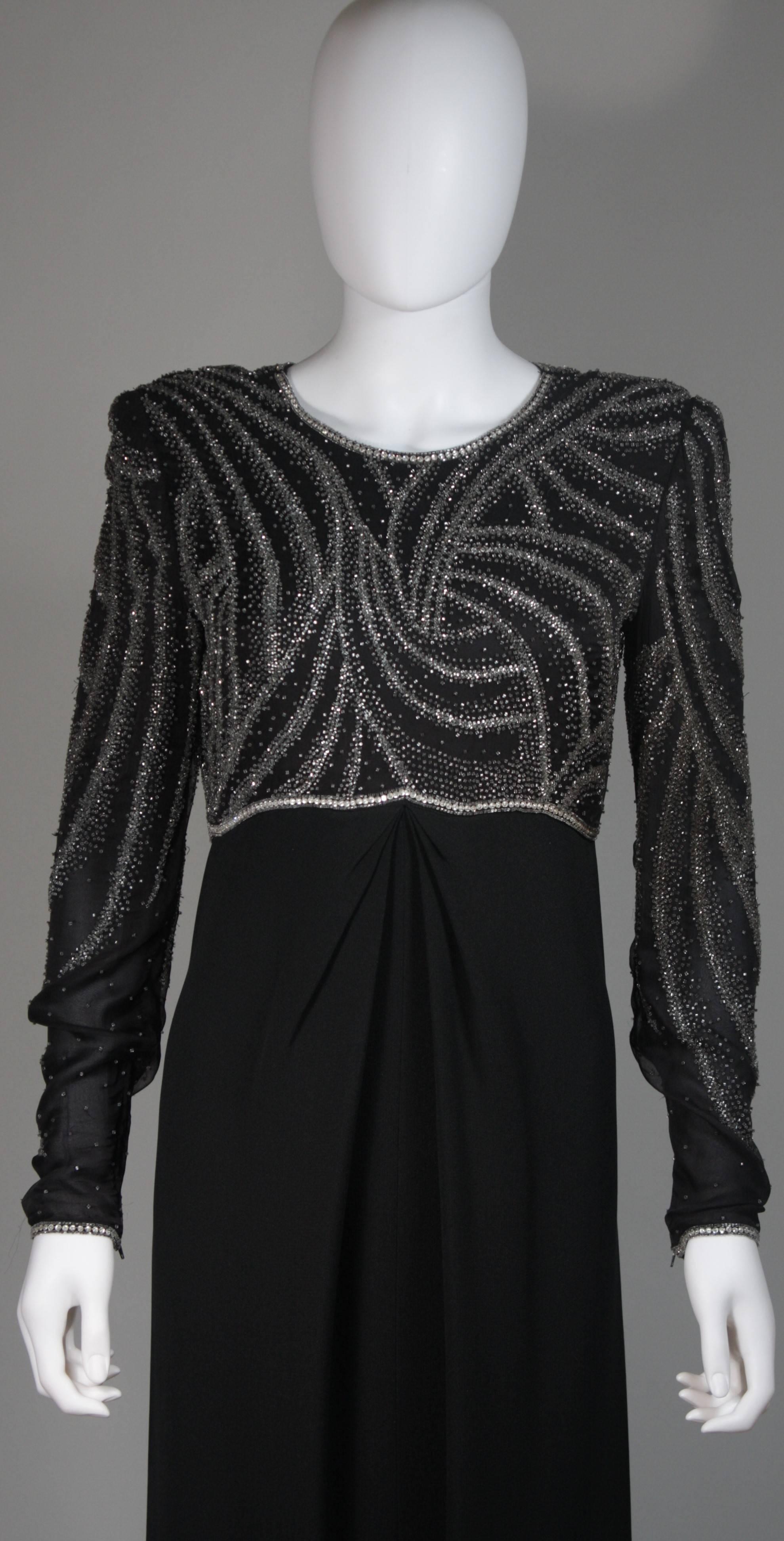 Bill Blass Black Silk Long Sleeve Beaded Gown Size 10 In Excellent Condition For Sale In Los Angeles, CA