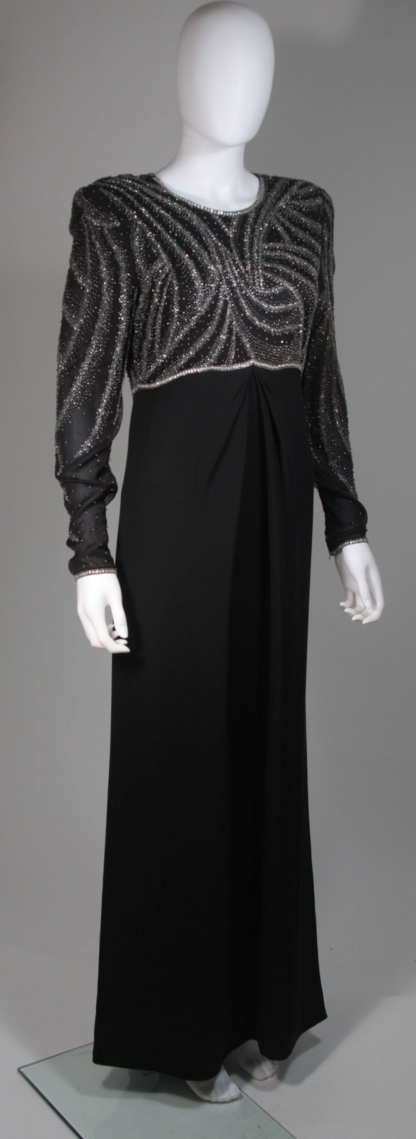 Women's Bill Blass Black Silk Long Sleeve Beaded Gown Size 10 For Sale