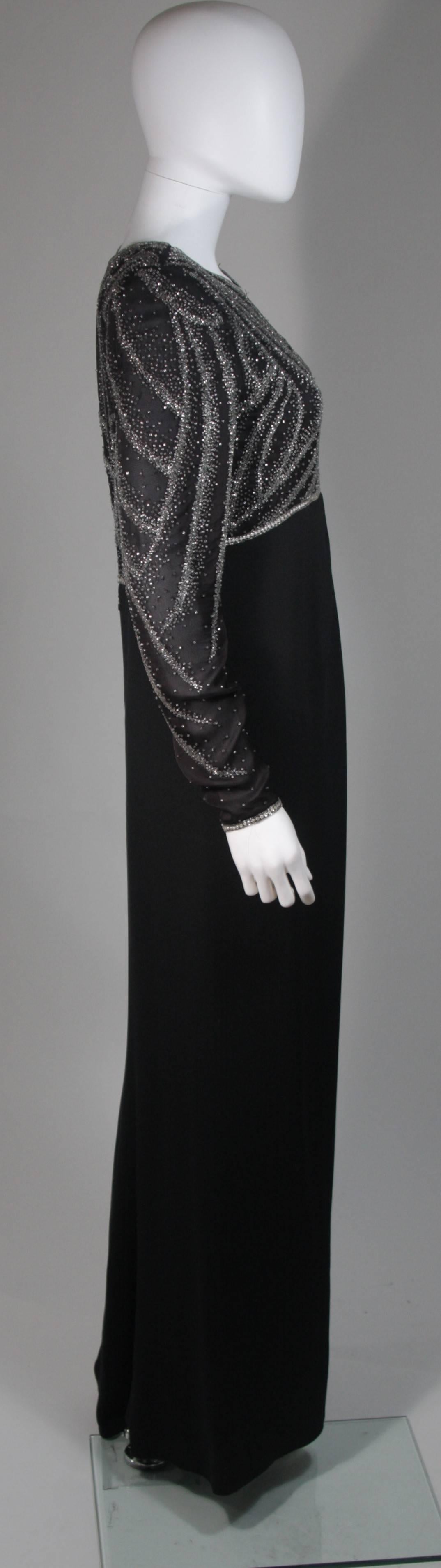 Bill Blass Black Silk Long Sleeve Beaded Gown Size 10 For Sale 1