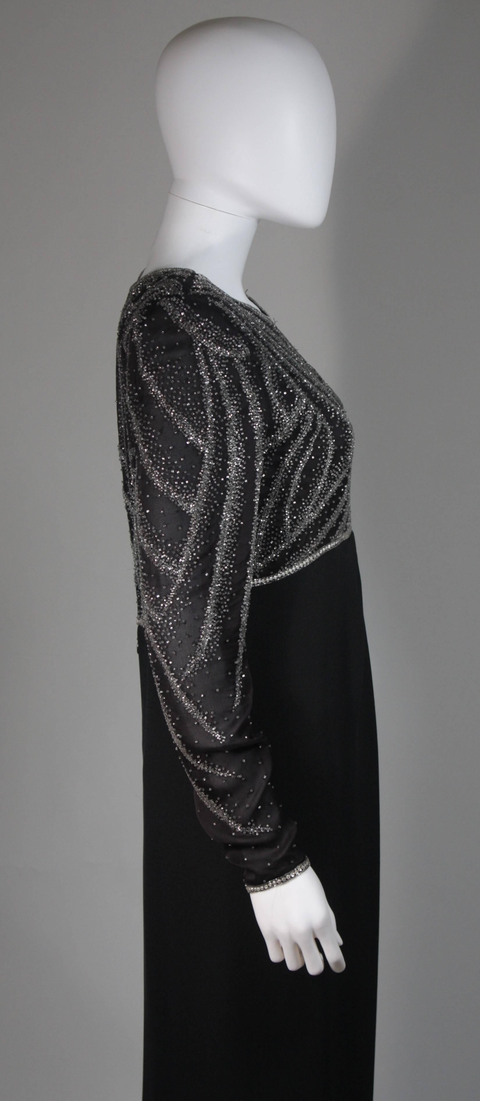 Bill Blass Black Silk Long Sleeve Beaded Gown Size 10 For Sale 2