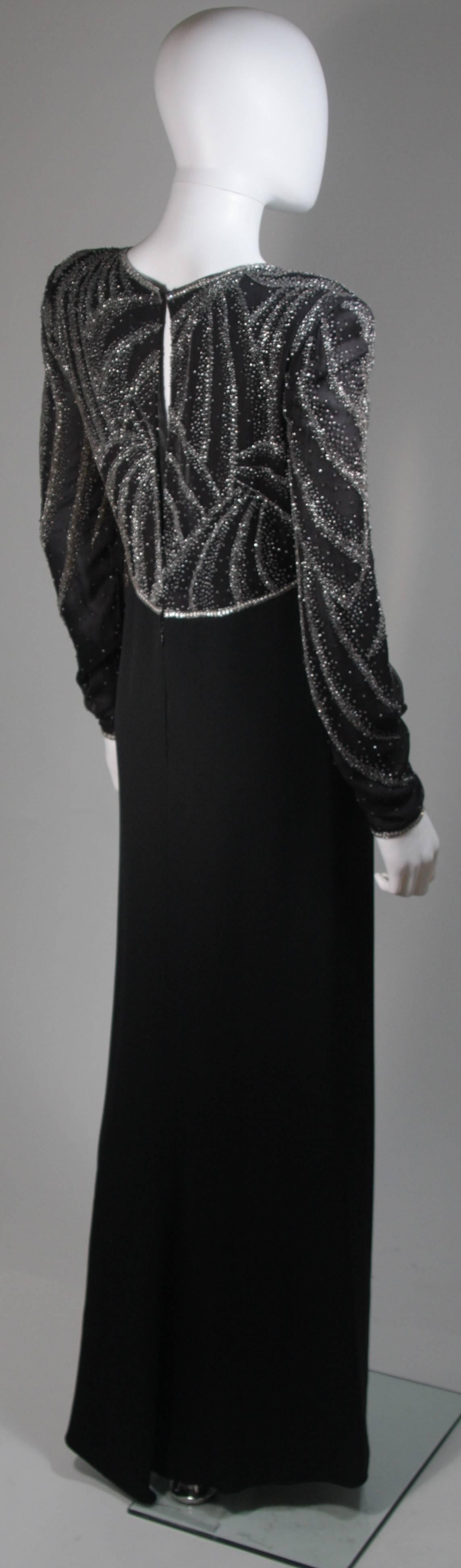 Bill Blass Black Silk Long Sleeve Beaded Gown Size 10 For Sale 3