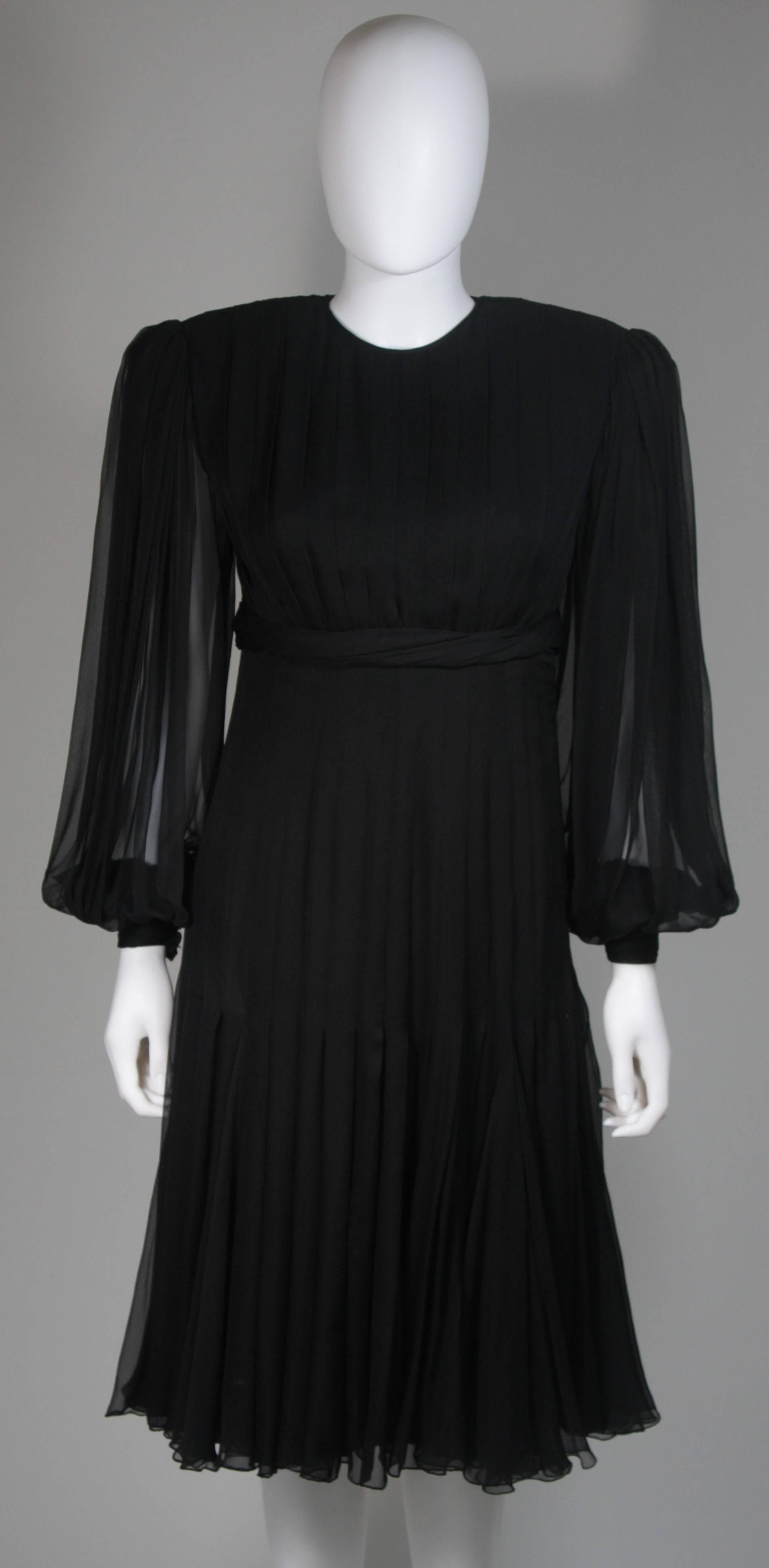 Galanos Black Silk Chiffon Pleated Cocktail Dress with Billowy Sleeve Size 6 8 In Excellent Condition In Los Angeles, CA