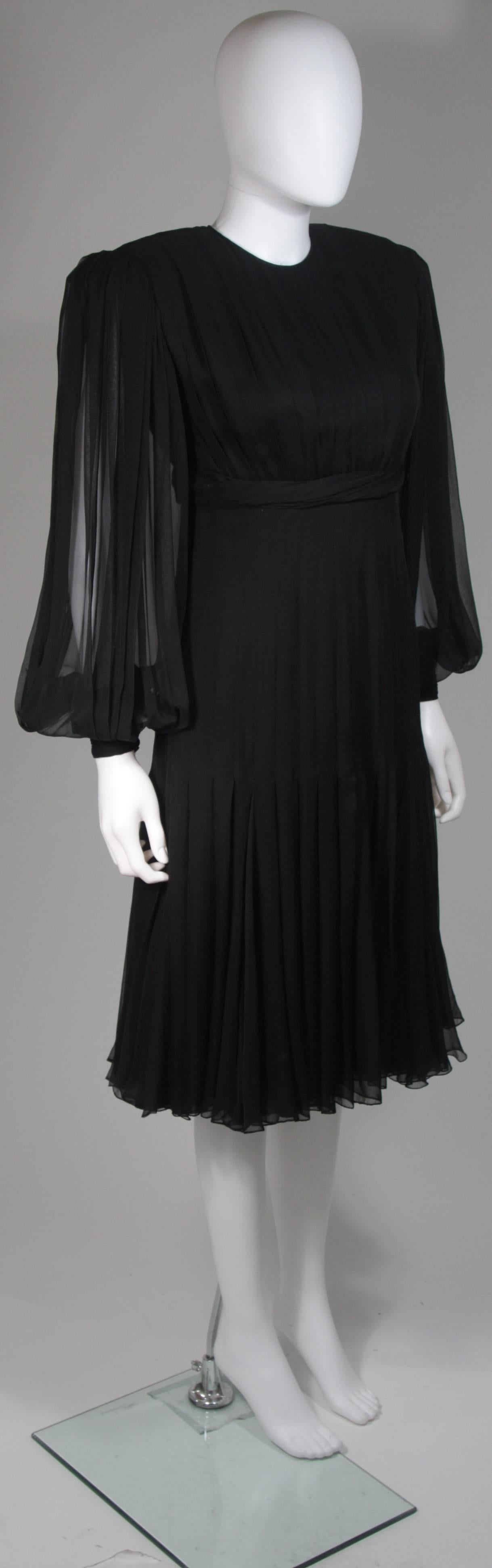 Women's Galanos Black Silk Chiffon Pleated Cocktail Dress with Billowy Sleeve Size 6 8