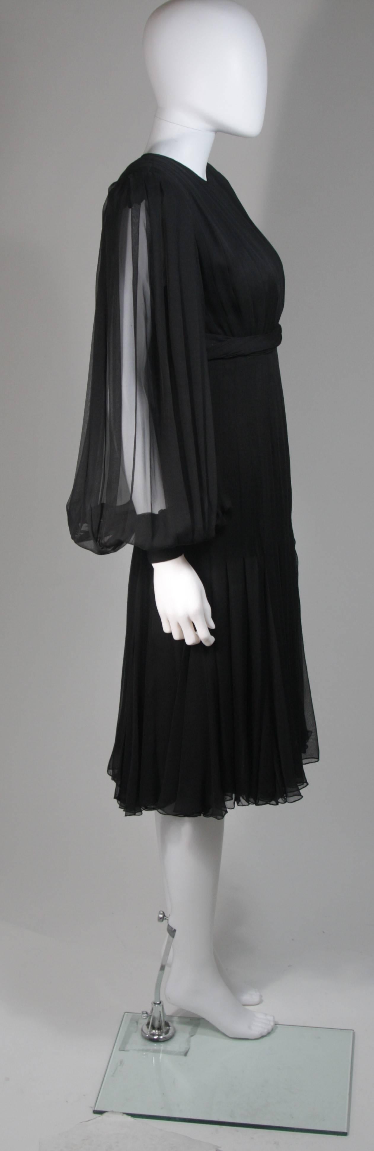Galanos Black Silk Chiffon Pleated Cocktail Dress with Billowy Sleeve Size 6 8 1