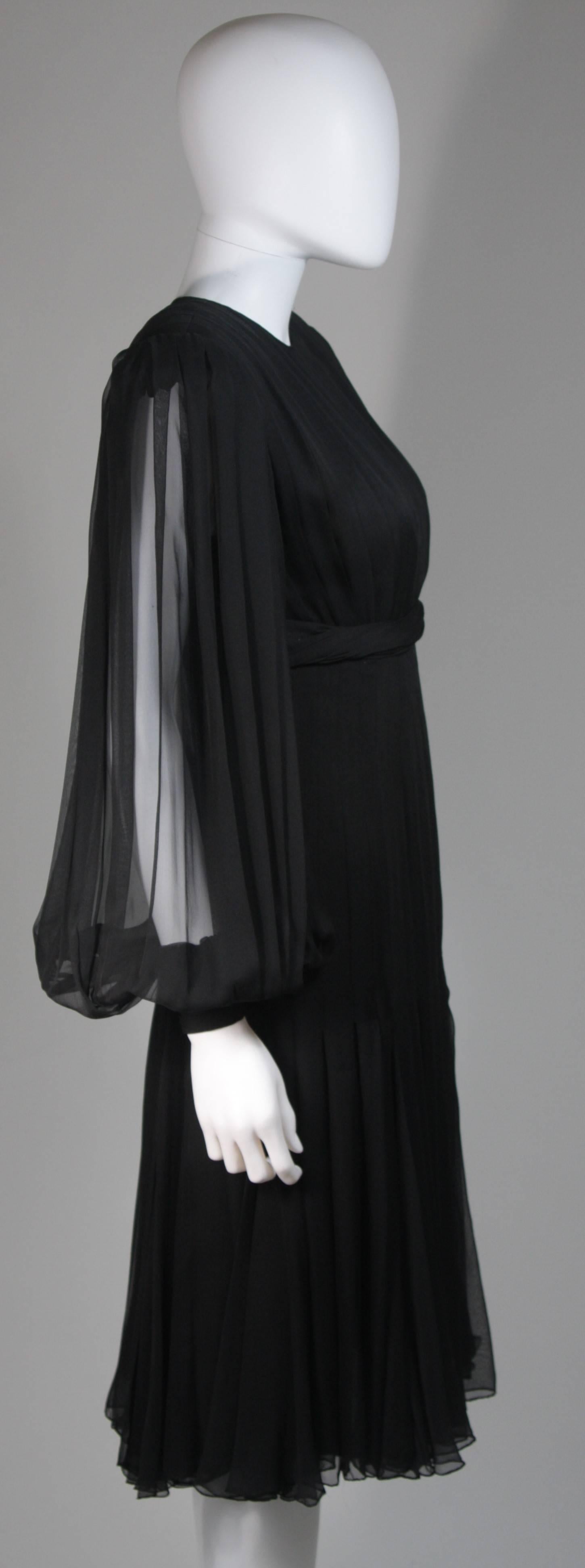 Galanos Black Silk Chiffon Pleated Cocktail Dress with Billowy Sleeve Size 6 8 2