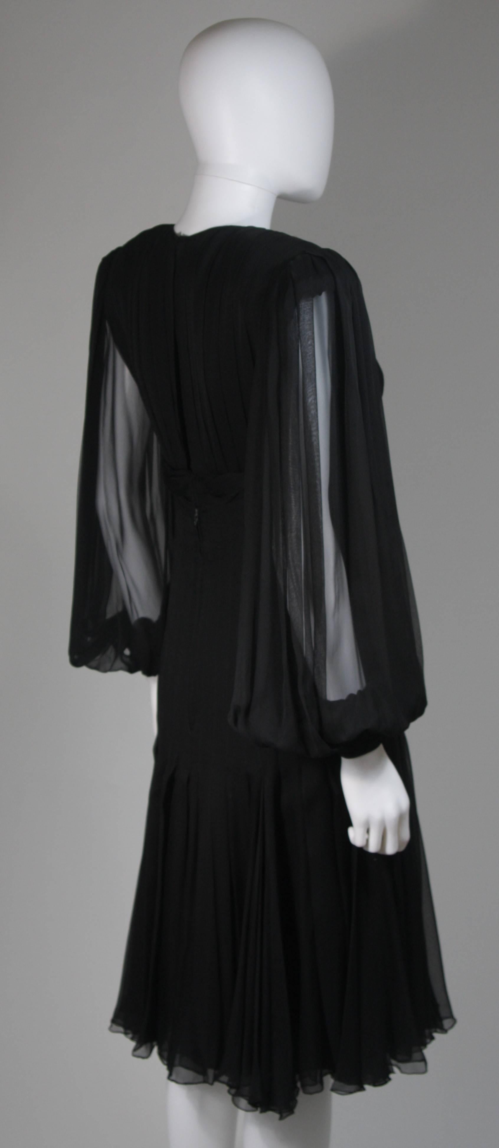 Galanos Black Silk Chiffon Pleated Cocktail Dress with Billowy Sleeve Size 6 8 3
