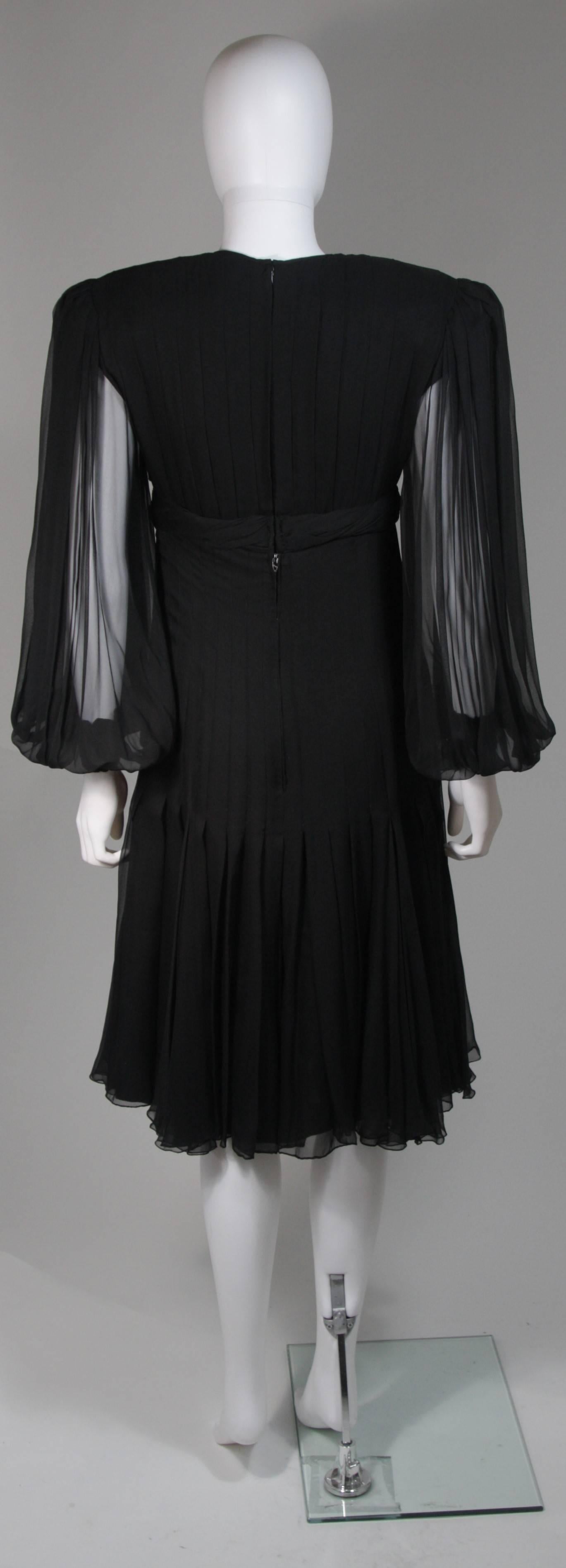 Galanos Black Silk Chiffon Pleated Cocktail Dress with Billowy Sleeve Size 6 8 4
