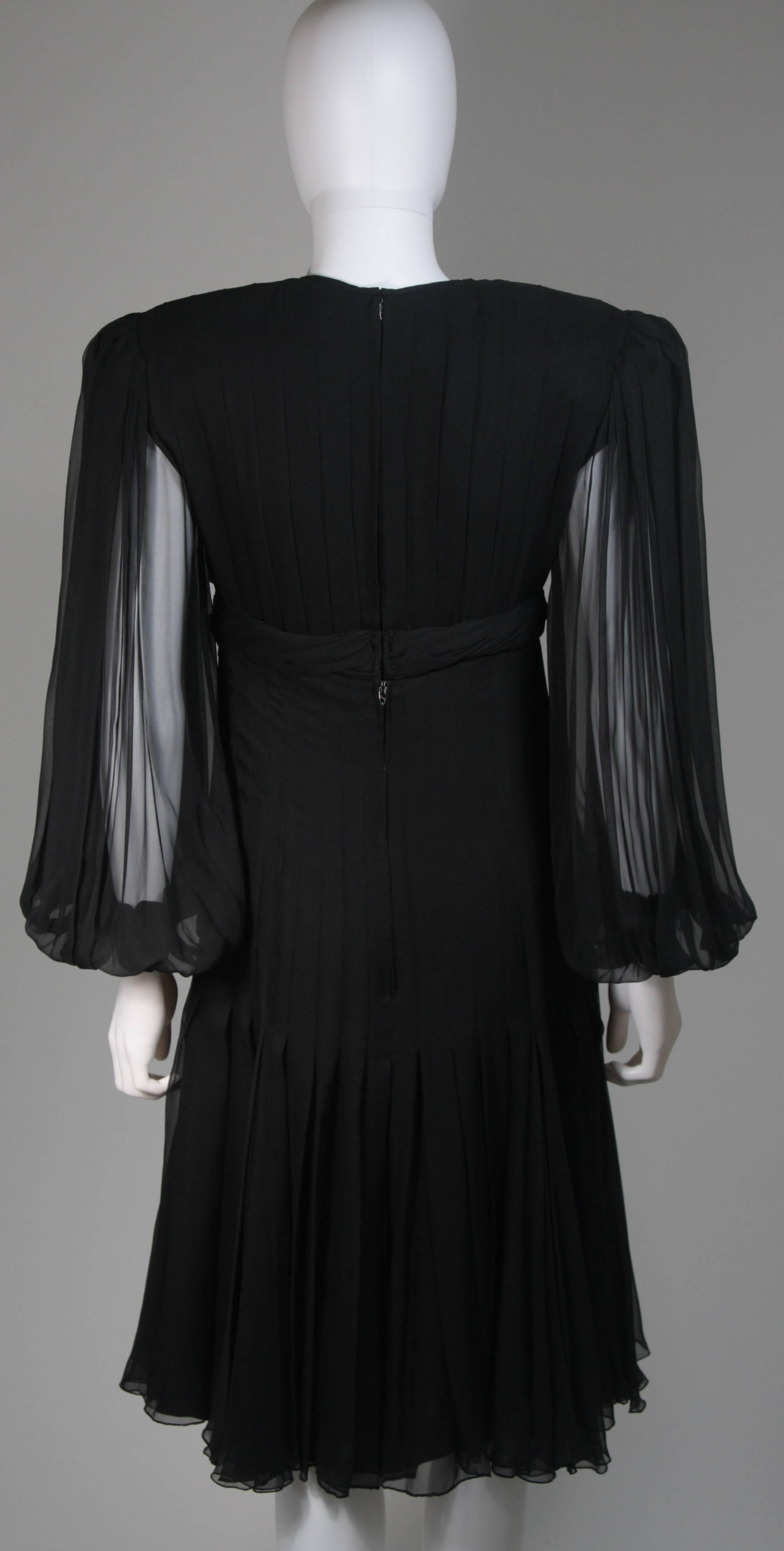 Galanos Black Silk Chiffon Pleated Cocktail Dress with Billowy Sleeve Size 6 8 5