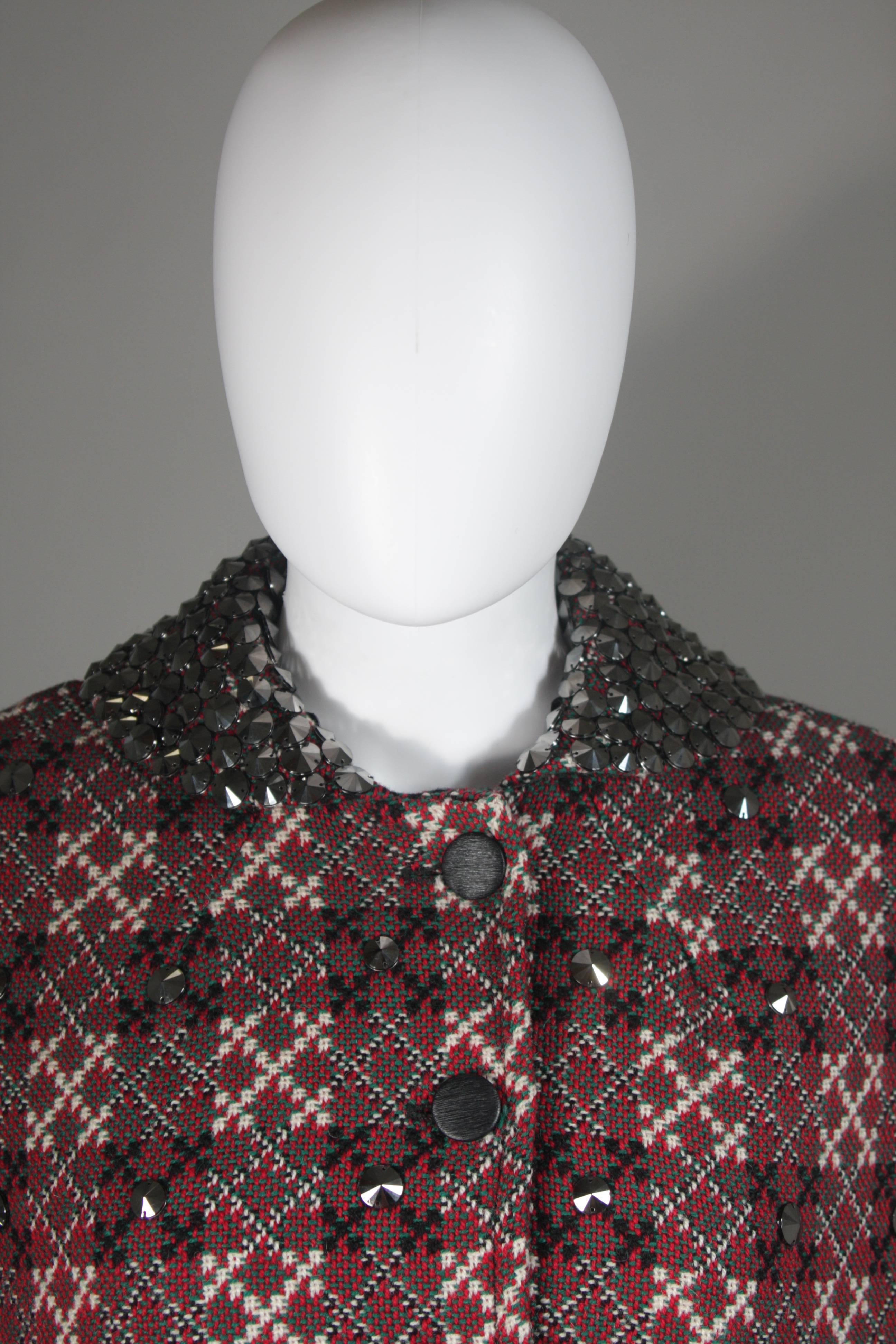 Vintage Red Green & Cream Plaid Wool Cape with Gunmetal Stud Applique In Excellent Condition In Los Angeles, CA