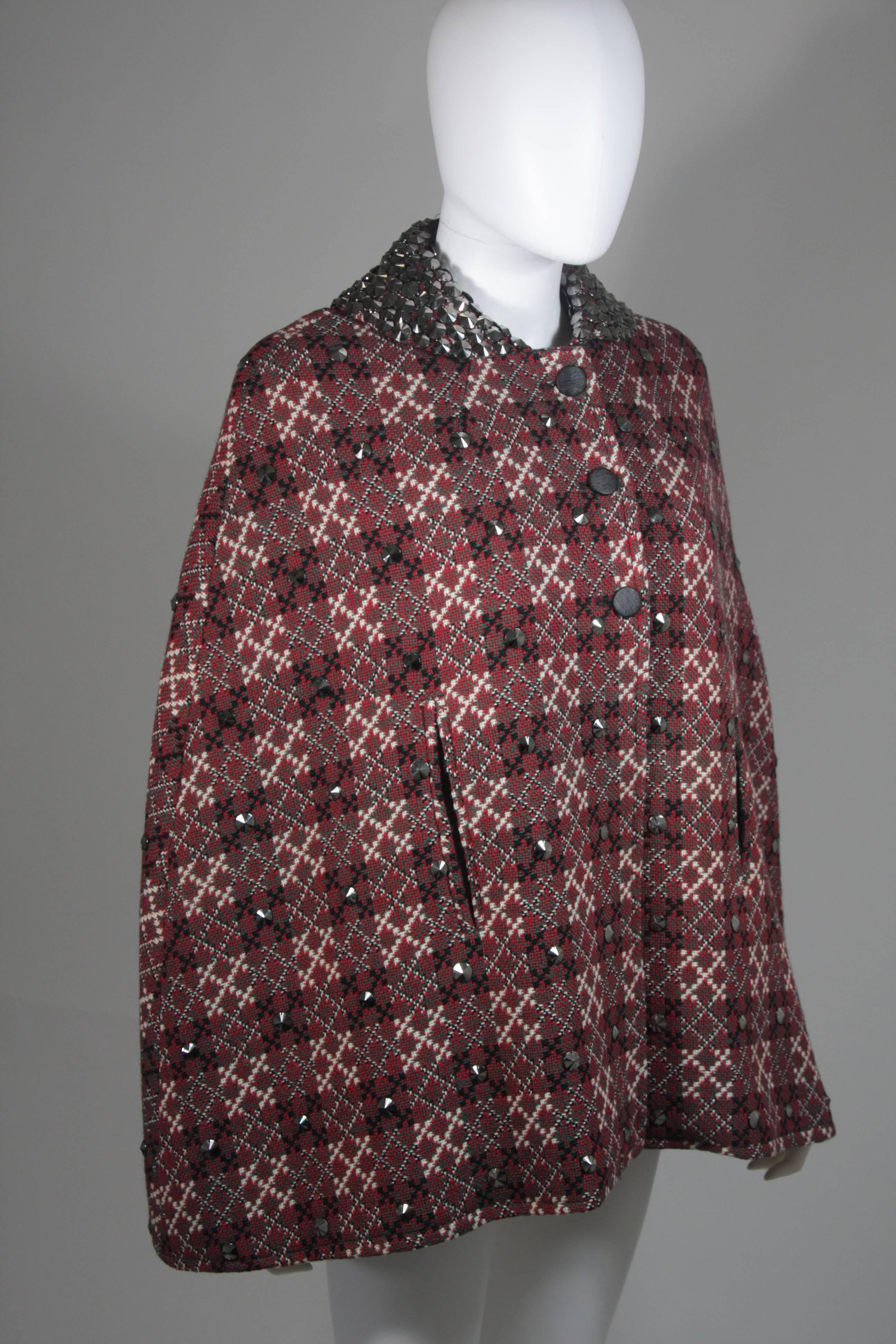 Vintage Red Green & Cream Plaid Wool Cape with Gunmetal Stud Applique 2