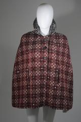 Vintage Red Green & Cream Plaid Wool Cape with Gunmetal Stud Applique