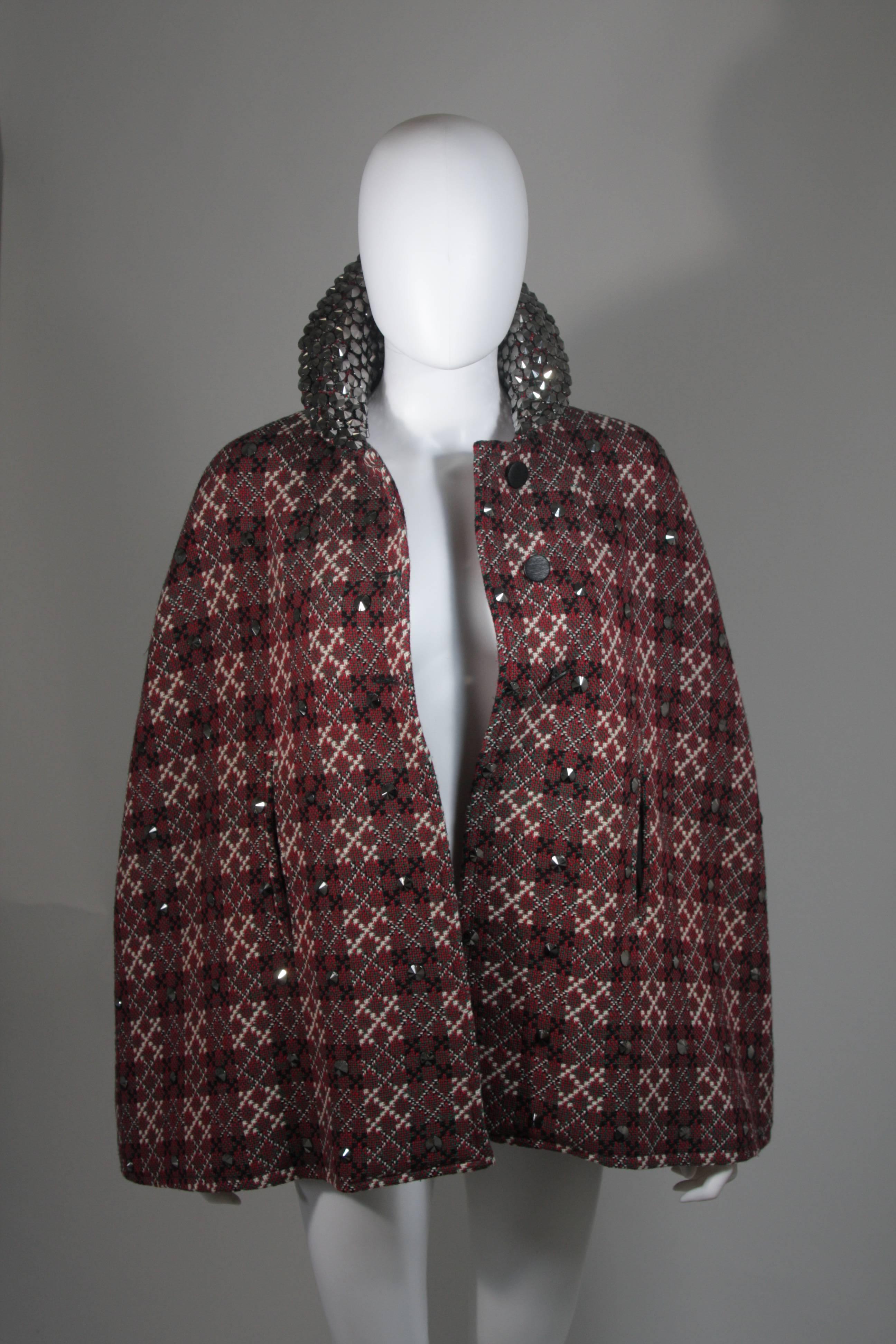Vintage Red Green & Cream Plaid Wool Cape with Gunmetal Stud Applique 1