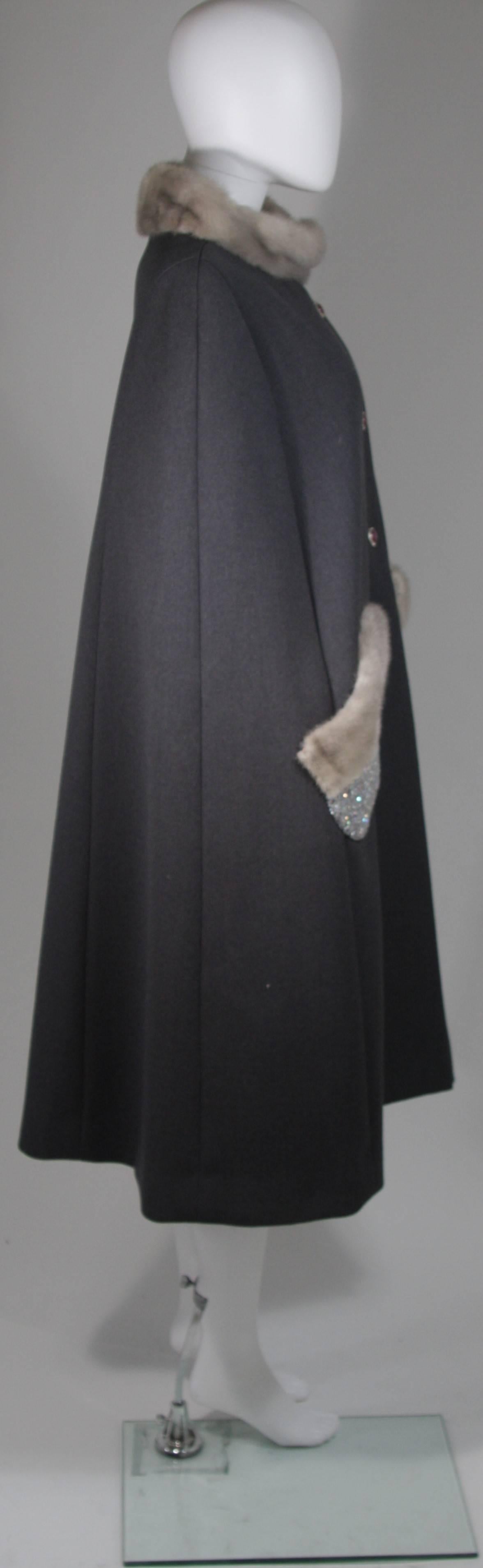 Vintage Grey Wool Cape with Mink Trim and Iridescent Beaded Pockets Open Size 2