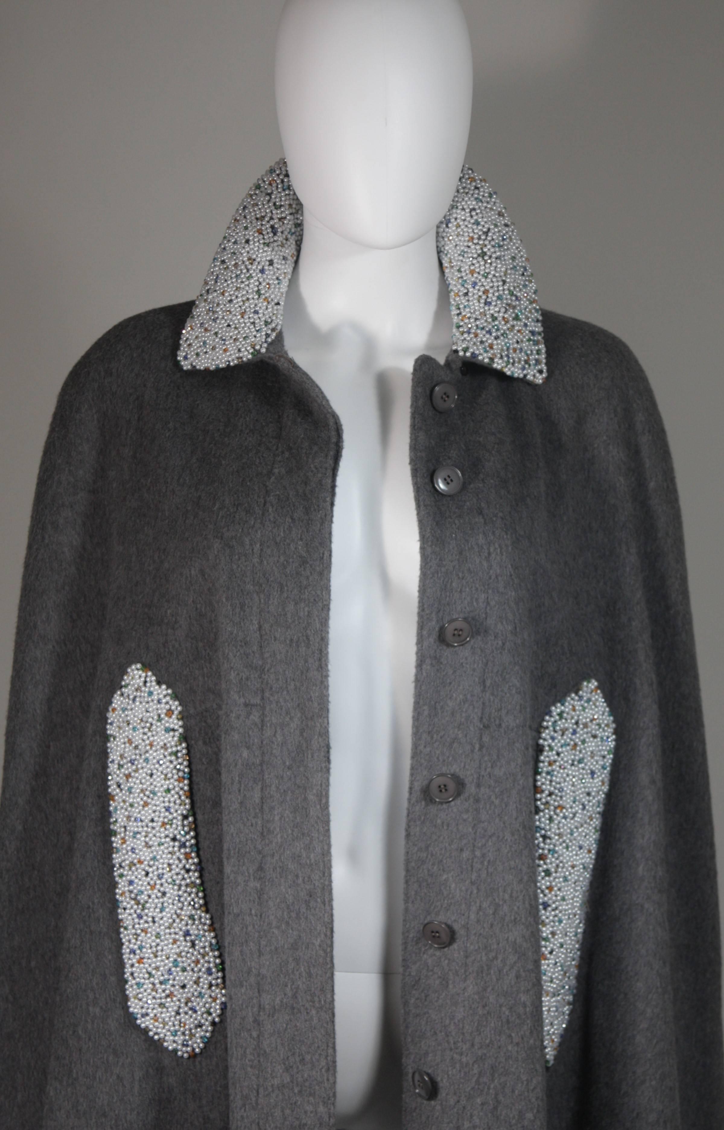 Vintage Grey Wool Cape with Pearl and Rhinestone Accents  In Excellent Condition For Sale In Los Angeles, CA
