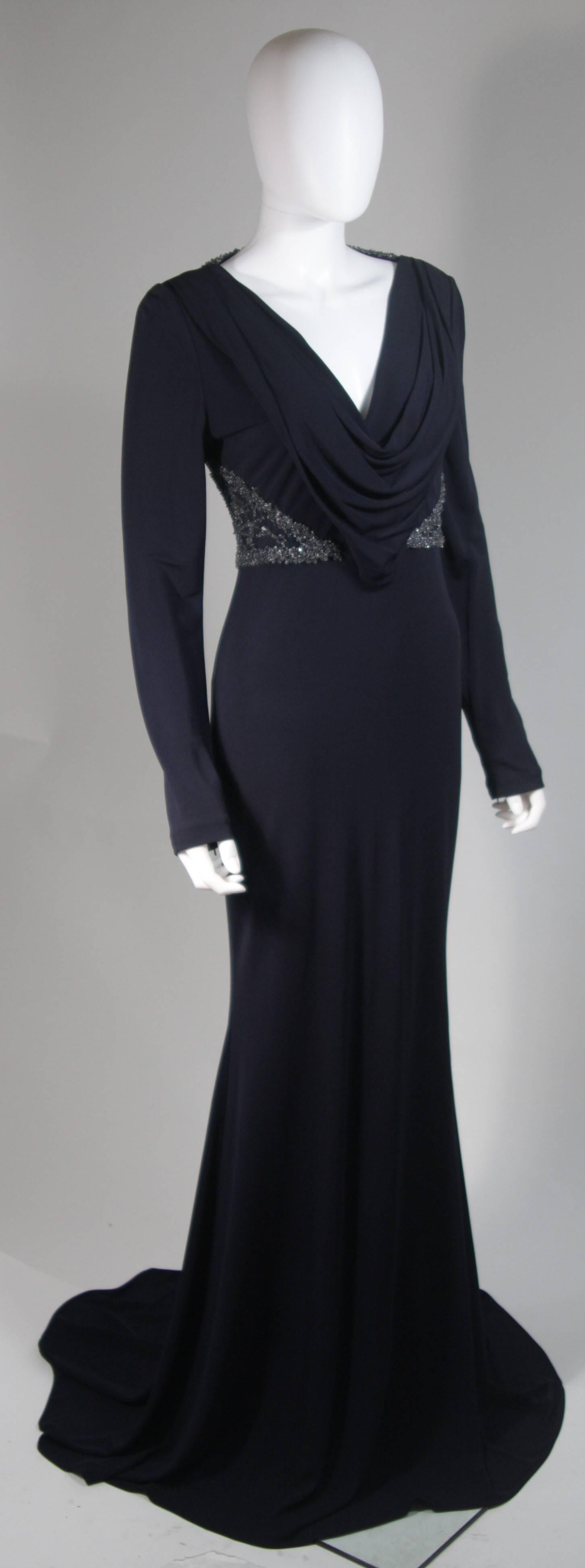 BADGLEY MISCHKA Navy Draped Stretch Jersey Gown with Side Embellishment Size 6 In New Condition In Los Angeles, CA