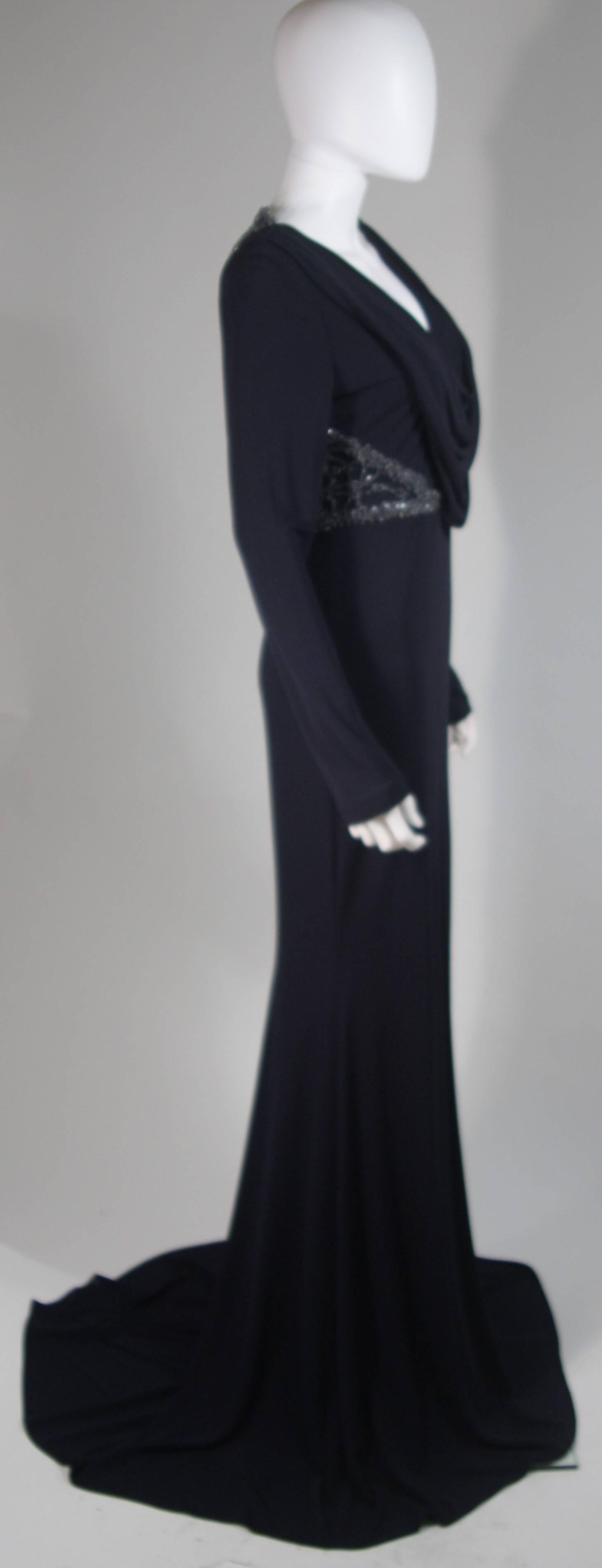 BADGLEY MISCHKA Navy Draped Stretch Jersey Gown with Side Embellishment Size 6 1