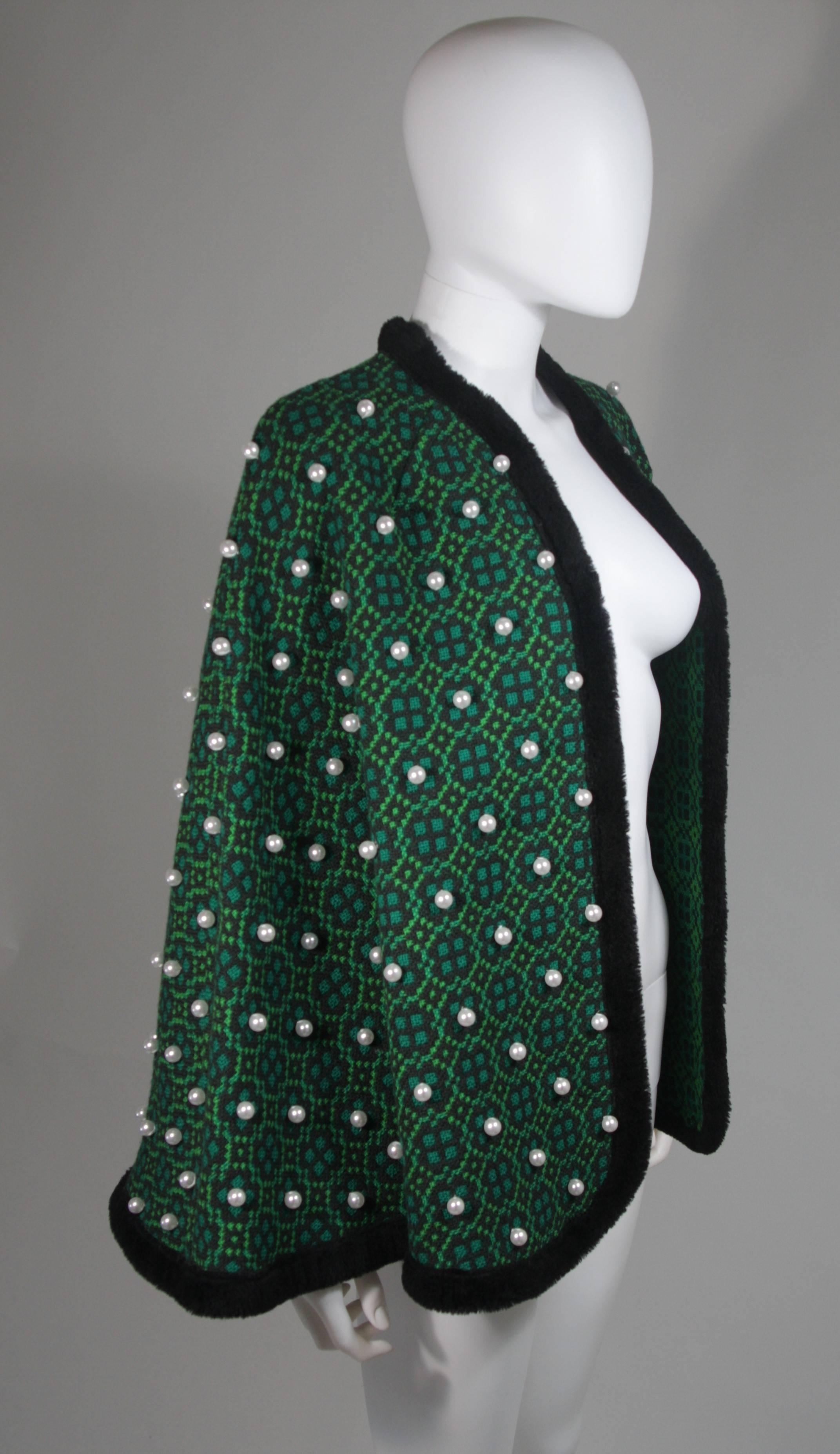 Black Vintage Green Wool Cape with Pearl Embellishments 