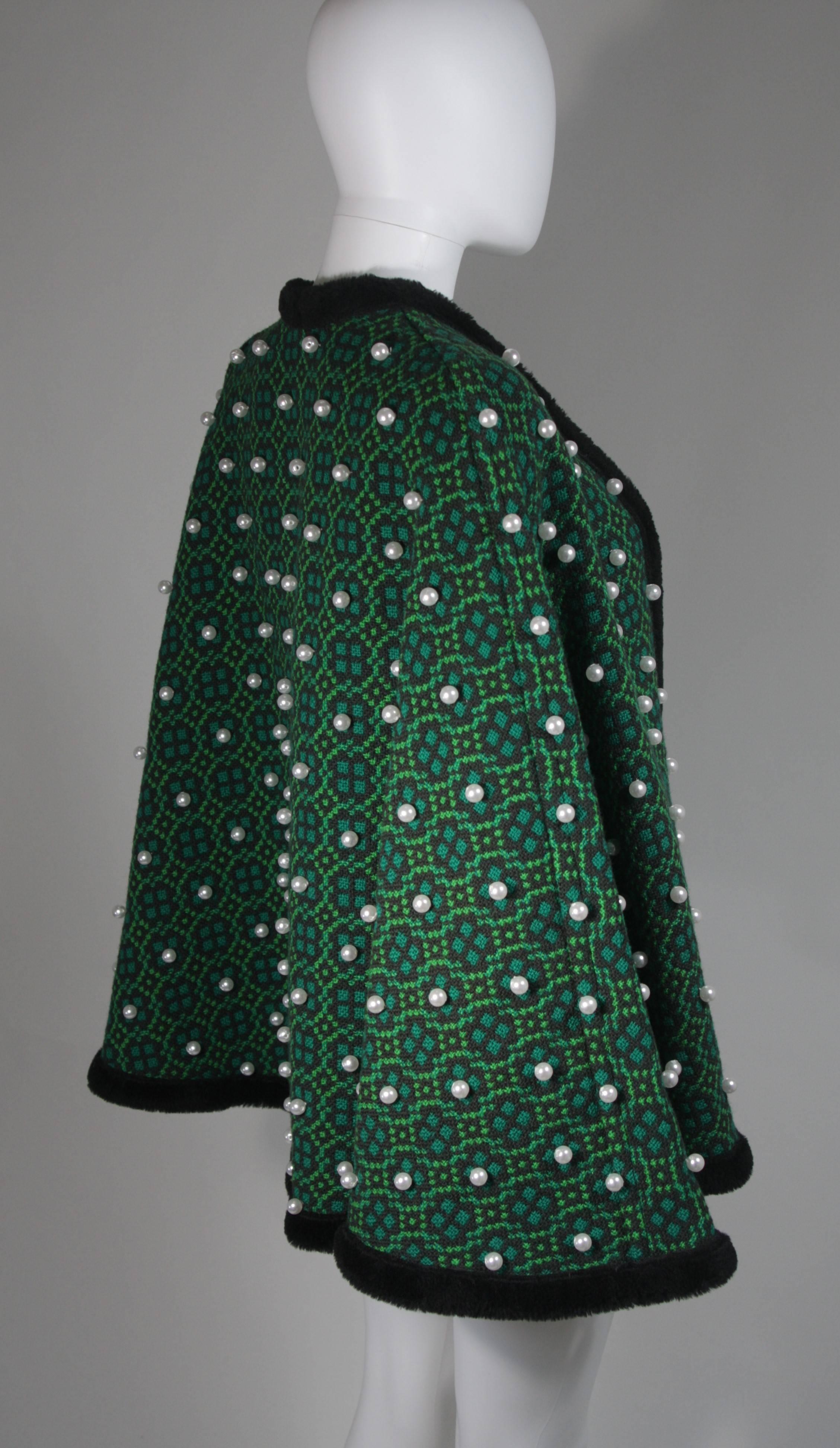 Vintage Green Wool Cape with Pearl Embellishments  In Excellent Condition In Los Angeles, CA