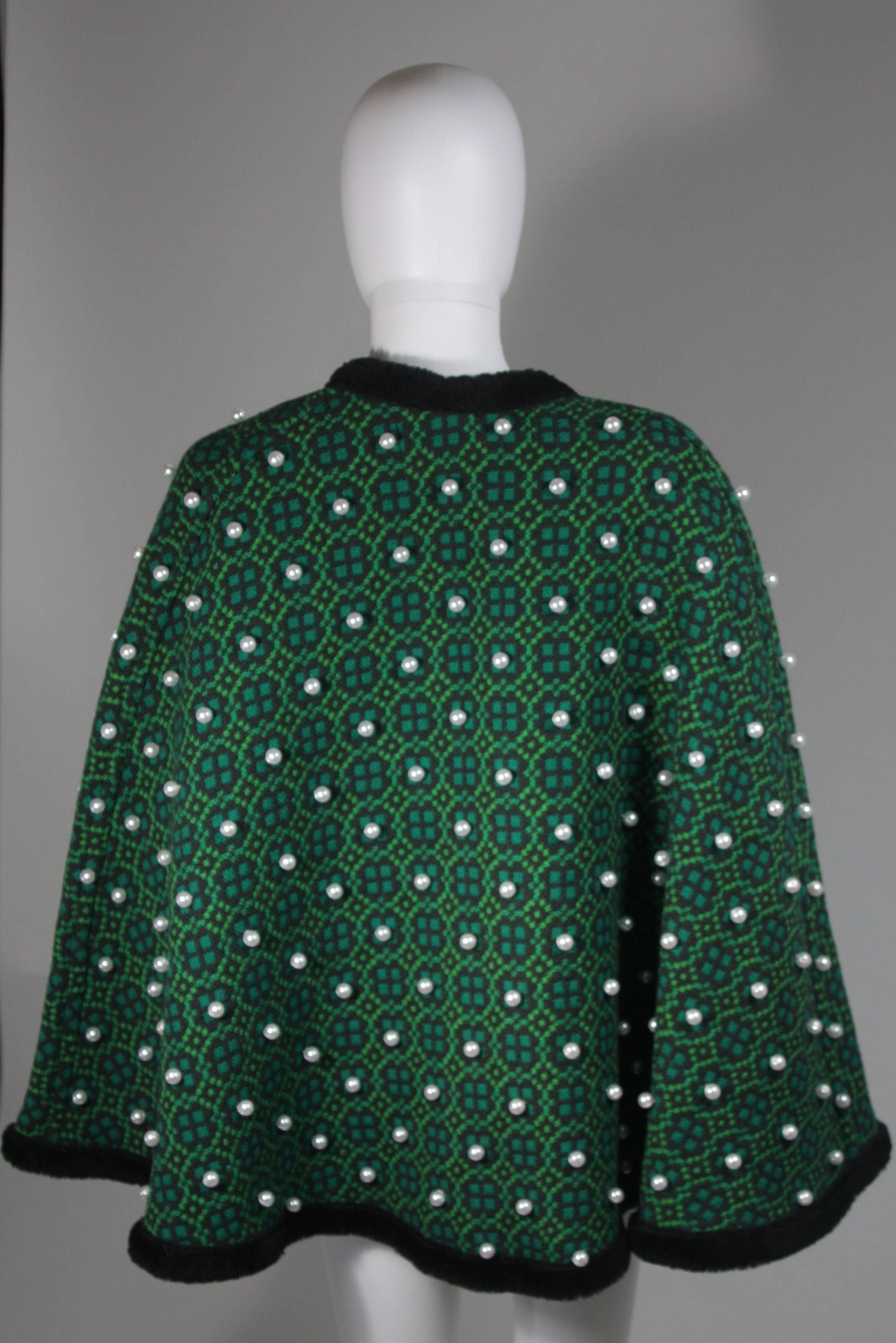 Women's Vintage Green Wool Cape with Pearl Embellishments 