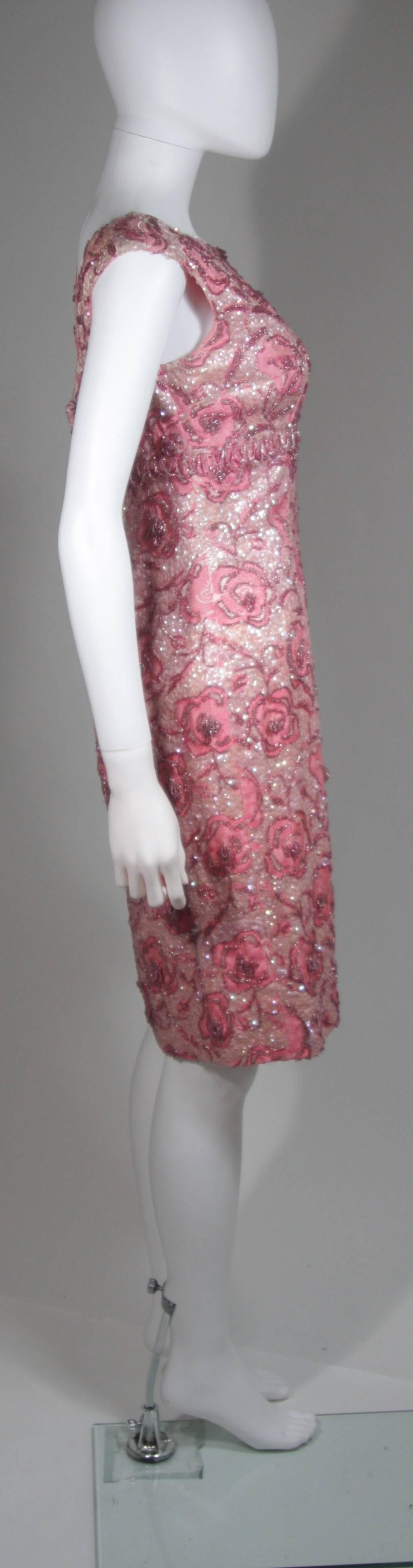 Brown 1960's SAKS 5TH AVE Pink Floral Brocade Hand Beaded Cocktail Dress Sz 4 For Sale